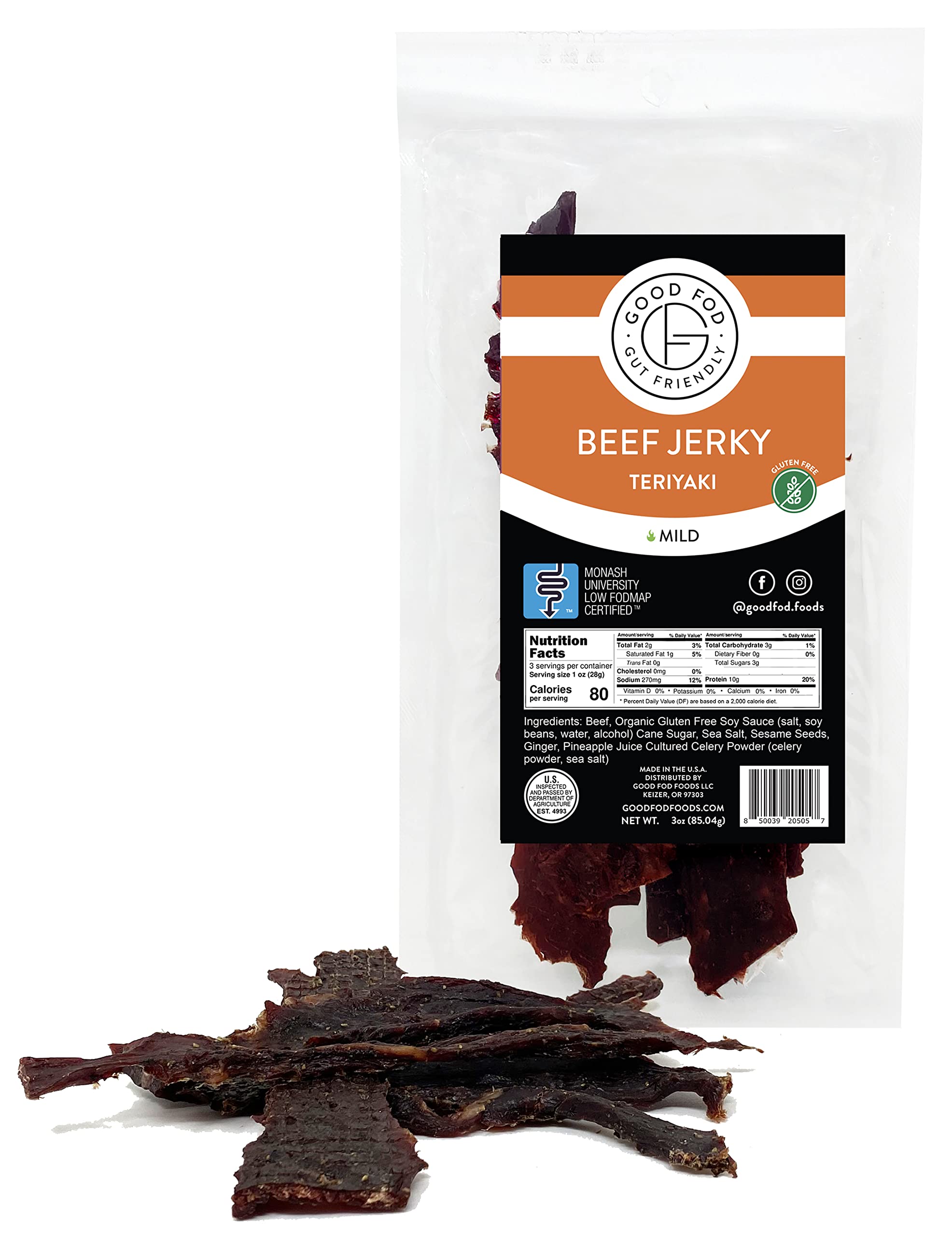 Good Fod Foods Beef Jerky 3 Ounce – Monash Low FODMAP Certified, Gluten-Free Jerky, Low Sugar Jerky, No Nitrites, No Nitrates (Teriyaki)