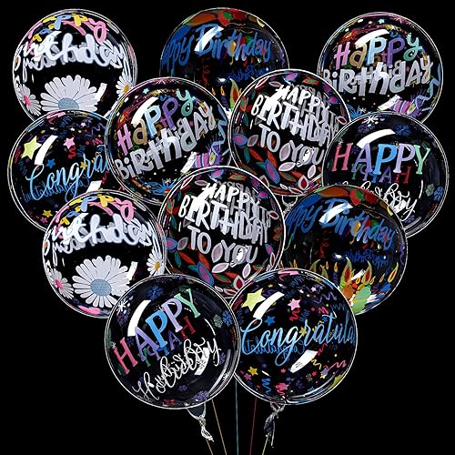 12 globos Bobo transparentes de feliz cumpleaños, redondos y coloridos 4D, 20 pulgadas para fiestas, bodas, decoración de baby shower