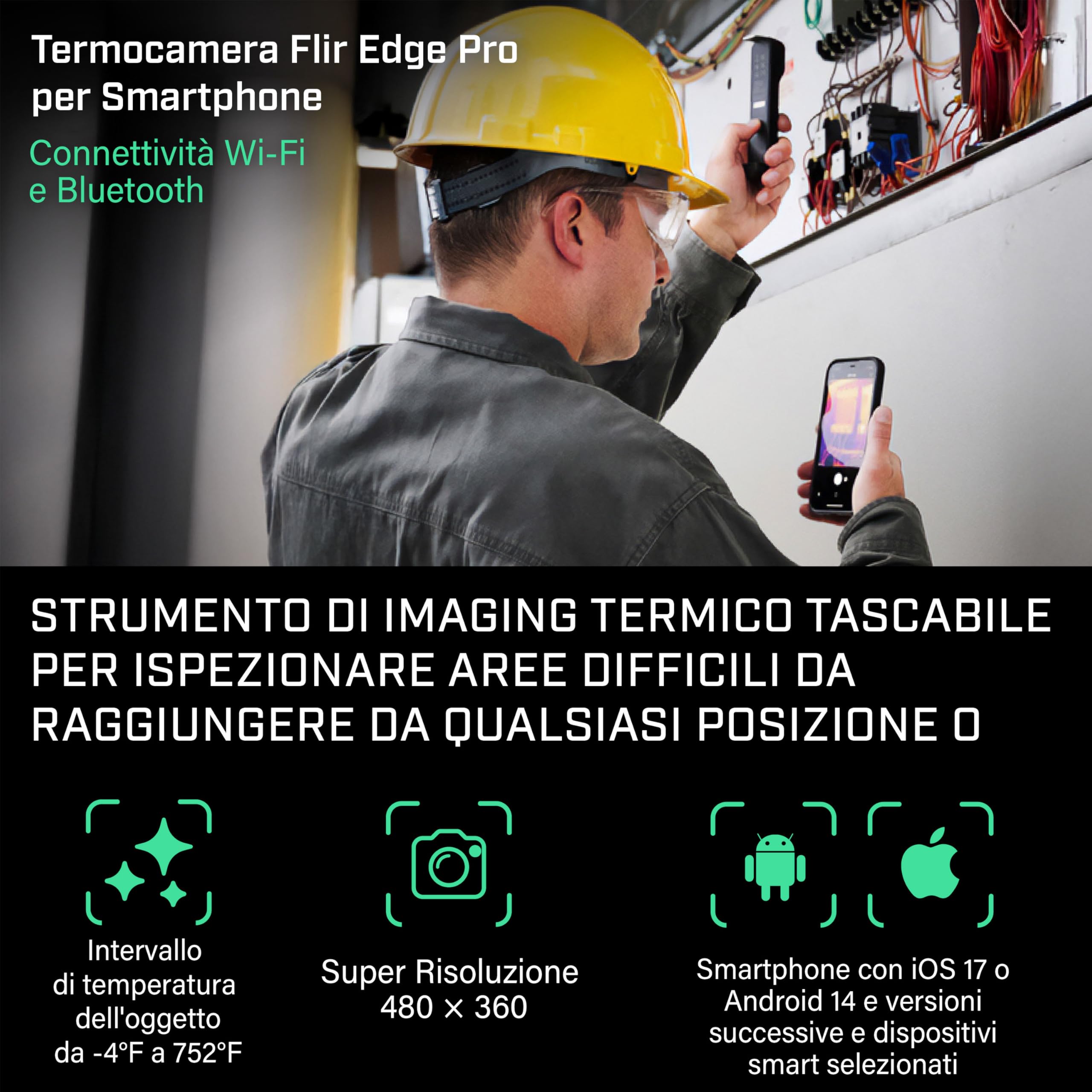 FLIR Edge Pro - Termocamera Wireless Bluetooth Per Smartphone, Compatibile Con Tutti I Dispositivi iOS E Android, Risoluzione Super 480x360 (IR Nativi 160x120)