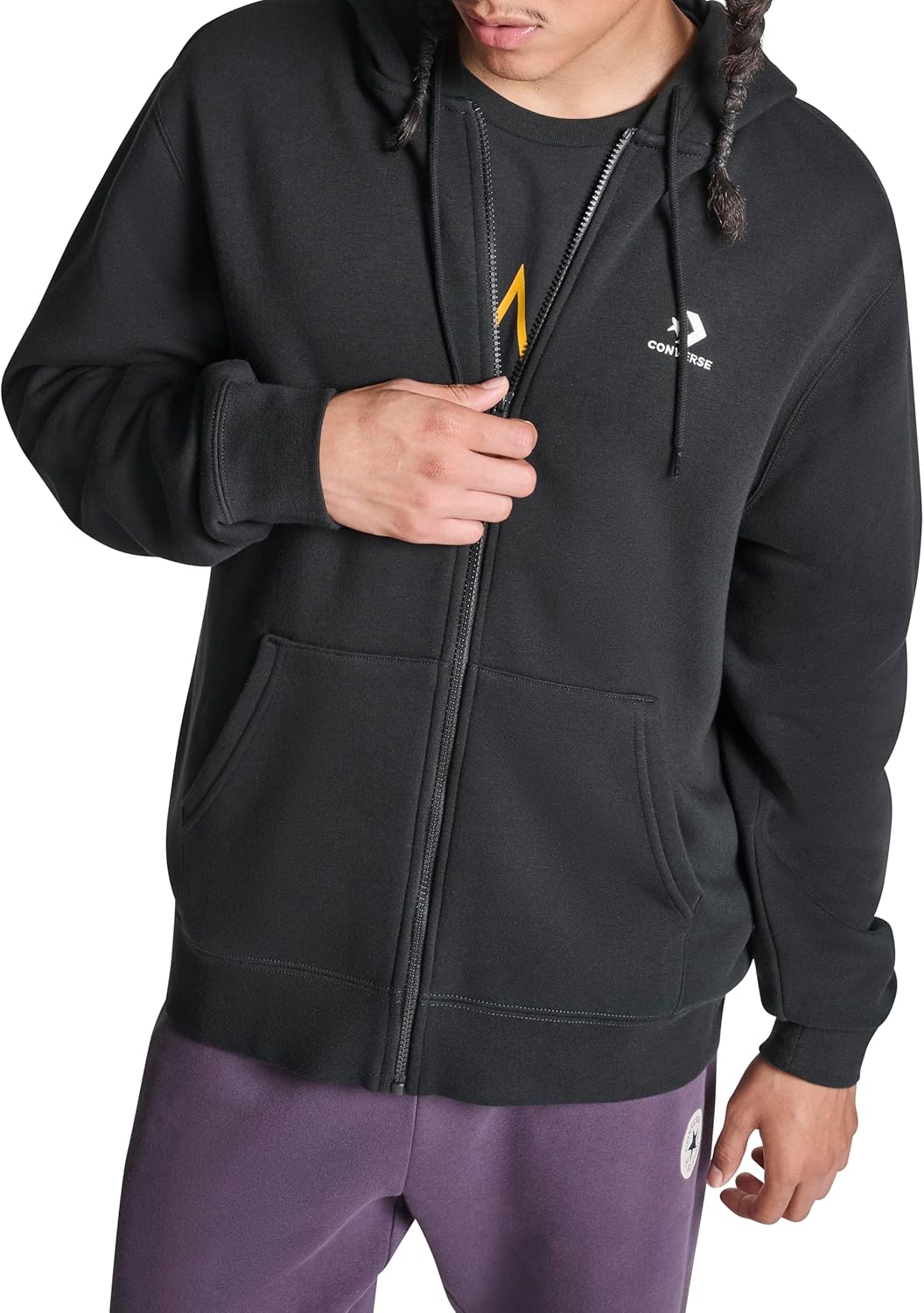 Converse Men's Left Chest Star Chevron Embroidered Full Zip Hoodie, Black, M