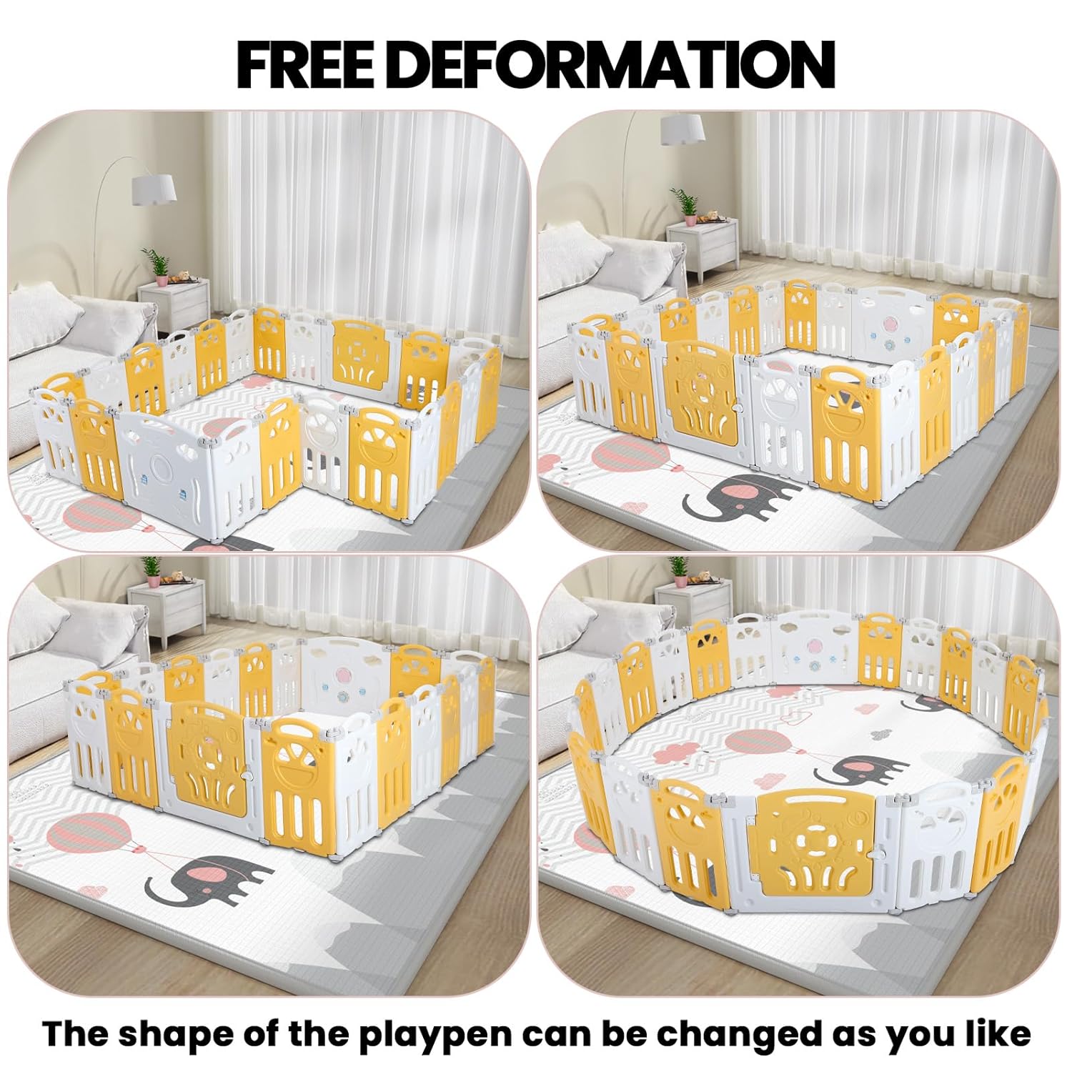 Dollate 18 Panels Baby Playpen, 69x69 Playards for Babies and Toddlers, Sturdy Baby Playpen Suitable for Living Room, Bedroom and Outdoor, Yellow and White
