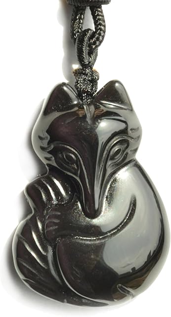 Bella Jade Fox Pendant Necklace Amulet/Talisman, Made of Obsidian Gemstone, with Necklace Cord