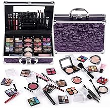 适合青少年女孩和女性的化妆套件 全套套件、带入门化妆品套装的美容火车箱、带眼影、唇彩、荧光笔、腮红、唇眼铅笔、刷子等化妆品情人礼盒（紫色）