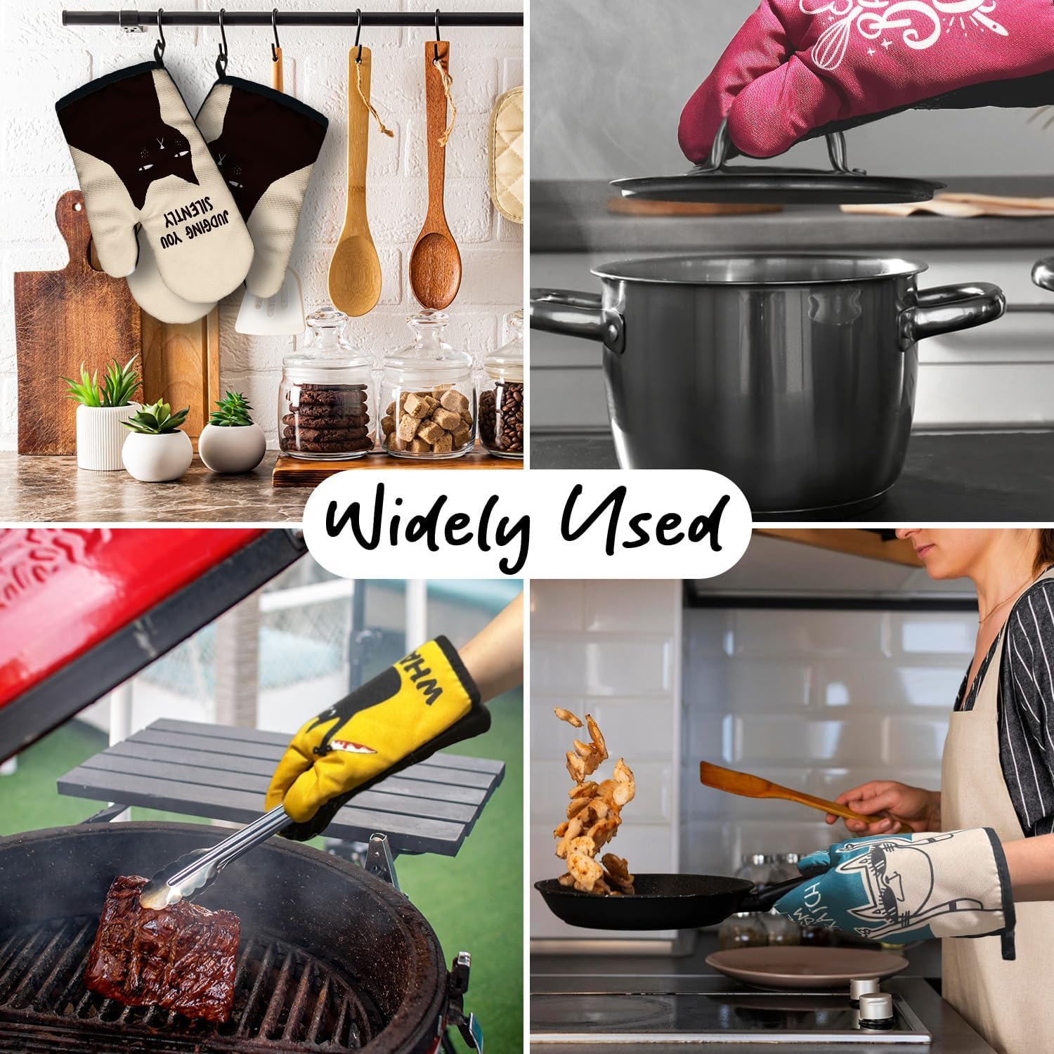 Judging You Silently Funny Black Cat Oven Mitts with Hanging Loop and Silicone Non-Slip, Cute Cat Baking Kitchen Utensils 2-Piece Set, Gifts for Mom Aunt Sister BFF Cat Lover Colleague - Image 5