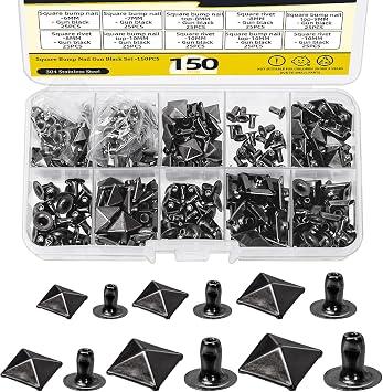 150Pcs 6 Sizes Gun Color Spike Rivet Pyramid Rapid Rivet Studs, 6mm 7mm 8mm 9mm 10mm 12mm Square Punk Spikes Pyramid Rapid Rivet Studs Nail Heads for DIY Leather Craft DecorationGun Color