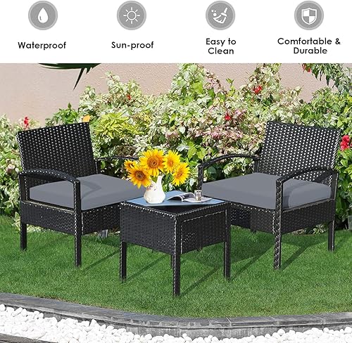 Miniatura 4 de HAPPYGRILL Juego de 3 piezas de conversación para patio, juego de mimbre de ratán al aire libre con mesa de centro para jardín, balcón y patio