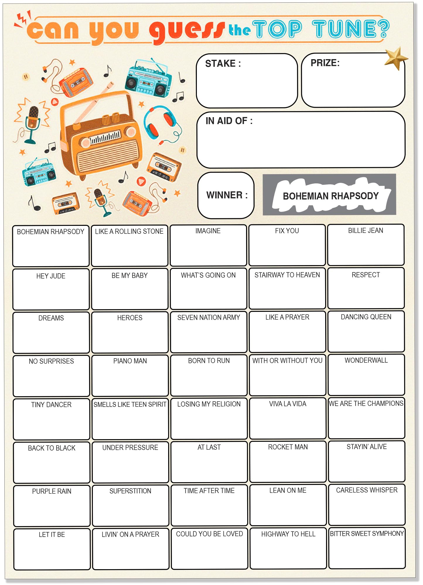 Pack of 10 Name the Song Fundraising Cards - Large A5 Size - 40 Squares and Scratch Off Winner for Charity