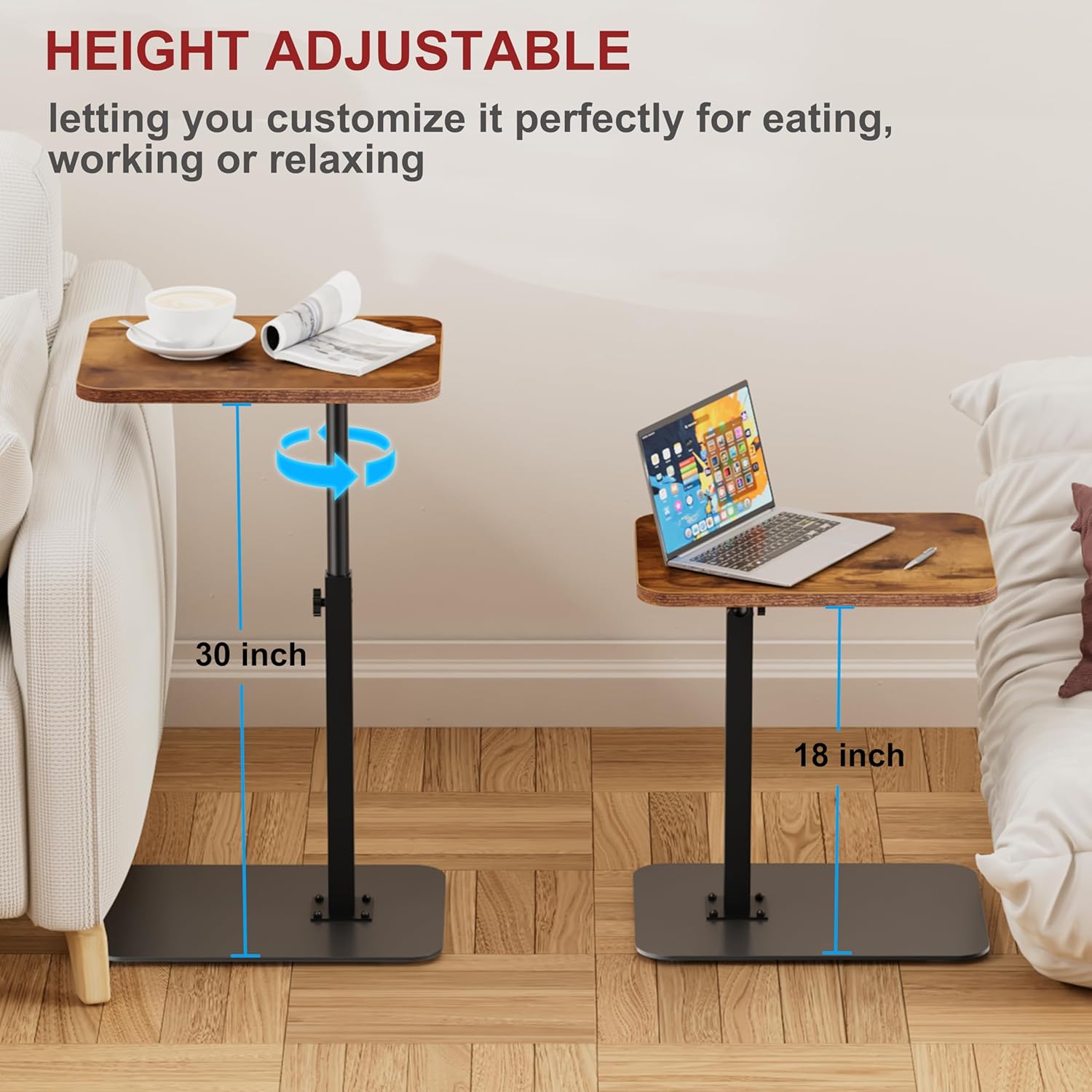 ZUJJAFY Tv Tray Table, Swivel & Adjustable Height C Shaped End Side Table for Couch Chair Bed or Small Spaces, Heavy Metal Base Sofa Armresrt Table for Eating Dinner or Laptop