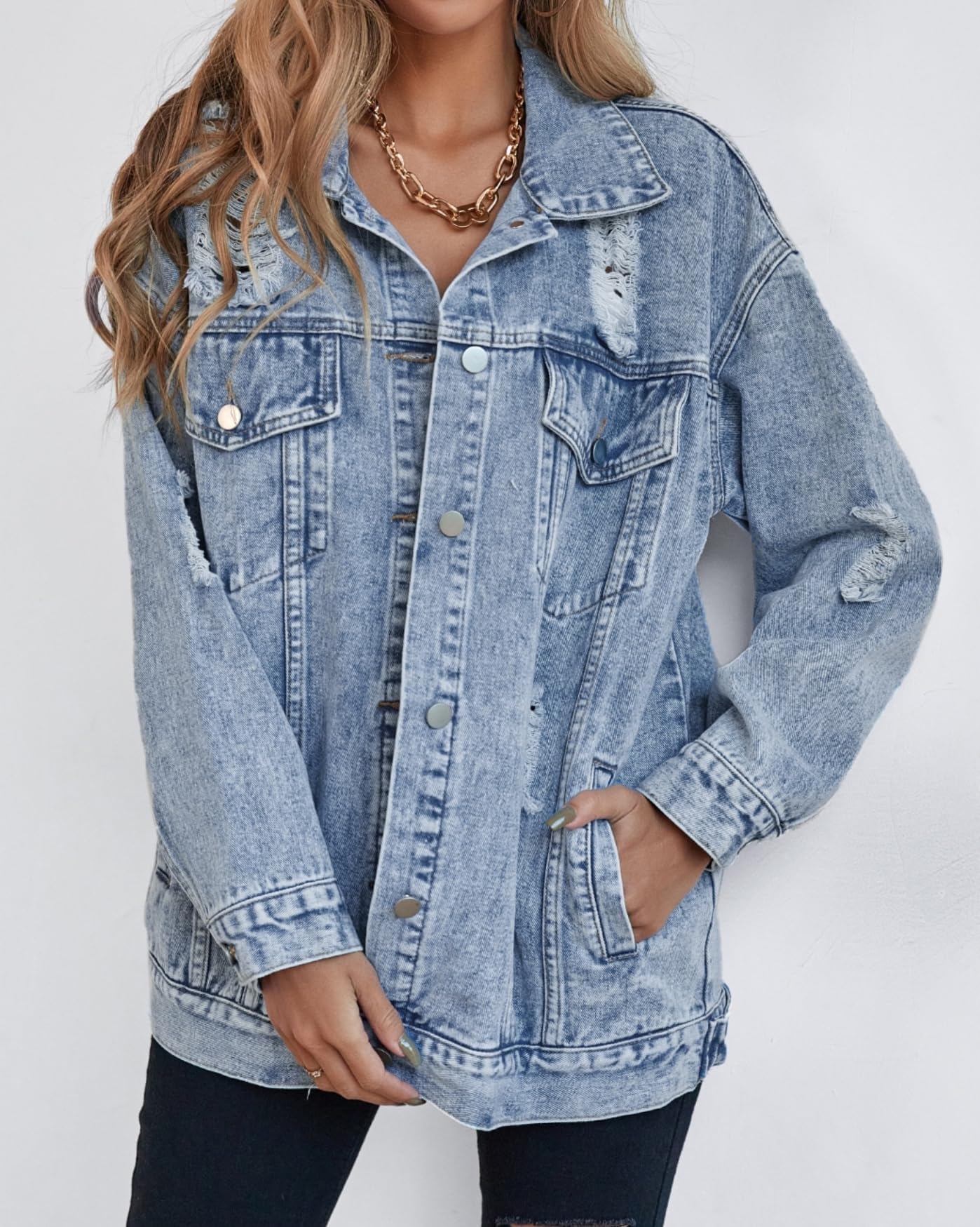 Giacca di jeans oversize per le donne giacca di jeans strappata boyfriend manica lunga Trucker Coat