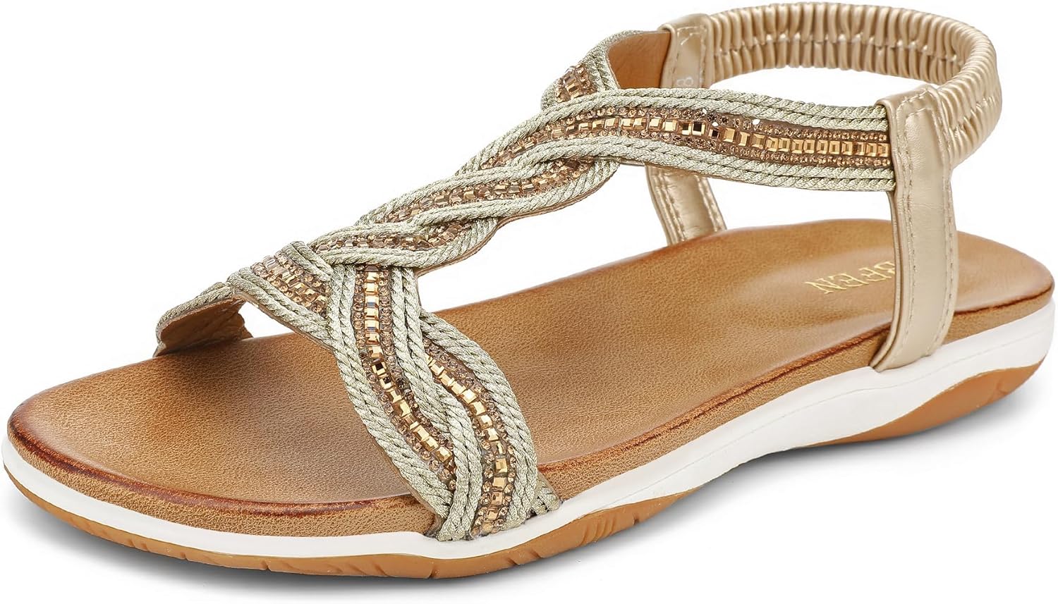 UBFEN Flat Sandals For Women Dressy Walking Comfortable Sandal With Rhinestone Braid Elastic Strap Summer Vacation