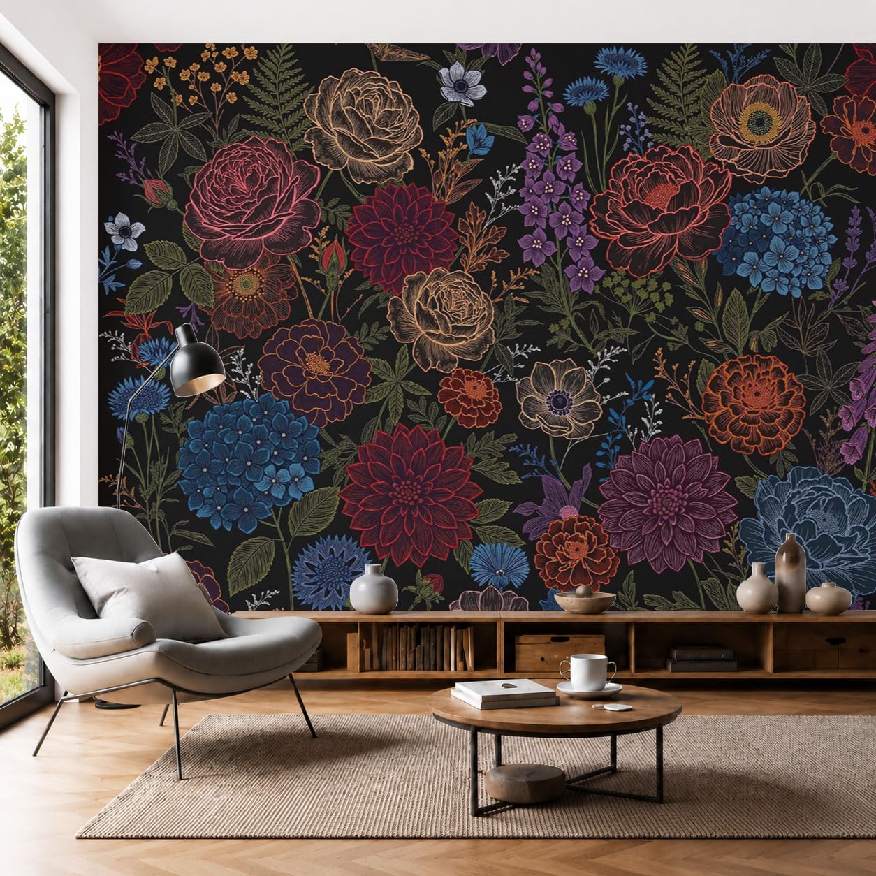 Carta Da Parati Linee floreali scure, Moda XXL Design Disegno a linea di rosa Fotomurali in Seta 300x210cm Moderna Decorazione da Parete per Camera da Letto Soggiorno Nero e rosso