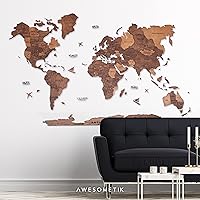 Vista 7 de AWESOMETIK Mapa del mundo de madera 3D de roble, mapa del mundo 3D, fácil instalación con cinta de doble cara, incluye complementos, madera