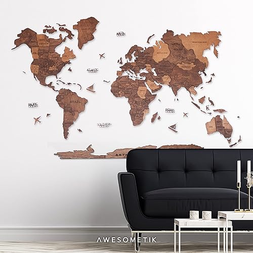 Miniatura 7 de AWESOMETIK Mapa del mundo de madera 3D de roble, mapa del mundo 3D, fácil instalación con cinta de doble cara, incluye complementos, madera