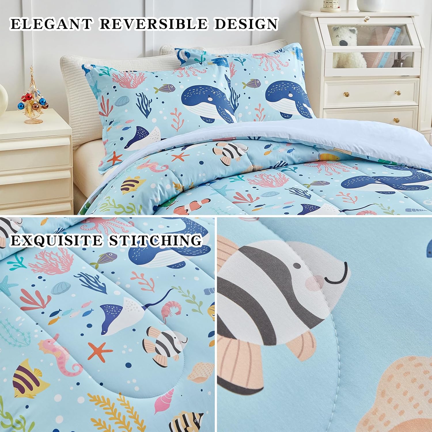 Joyreap 3pcs Cotton Twin Size Comforter Set for Kids, World of The Sea Theme Blue Design, Soft n Cozy Bedding Comforter for All Season- 68x88 inches