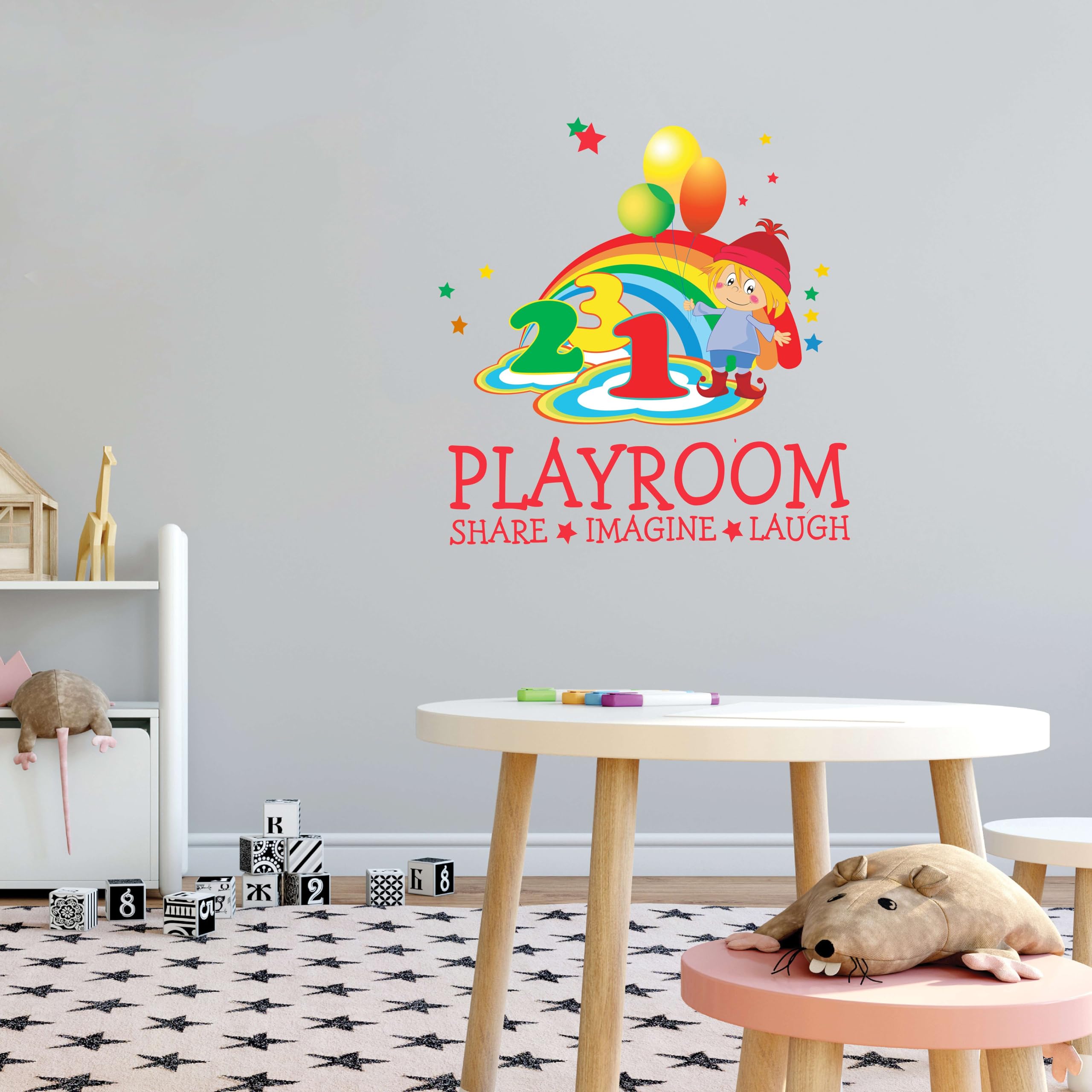 Design With Vinyl Playroom- Share-Imagine-Laugh Rainbow Wall Decal Little Boy Holding Balloons Learning The 123 Bedroom Wall Sticker Removable - Size: 20 Inch x 20 Inch