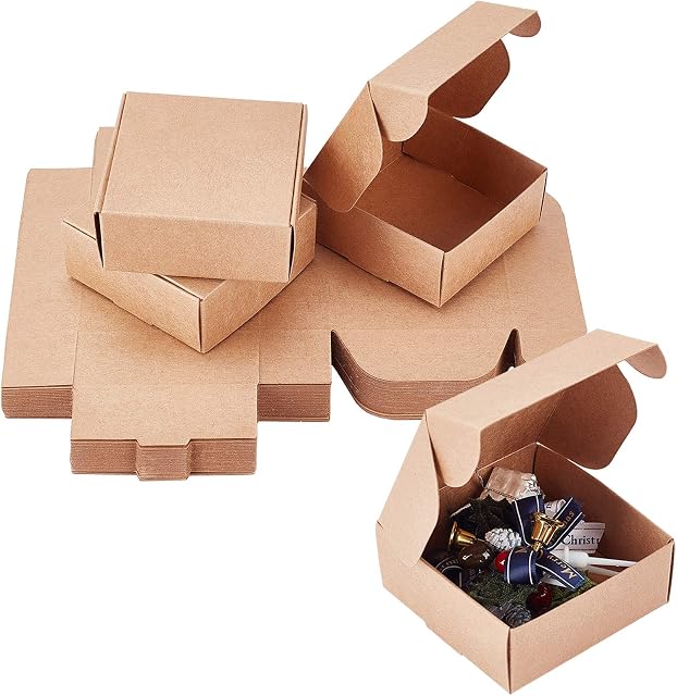 PandaHall 50pcs Kraft Gift Boxes Square Presentation Favour Small Boxes Easy Assemble for DIY Wedding and Party Gifts & Favours, 3.3 x 3.3 x 1.3 inches