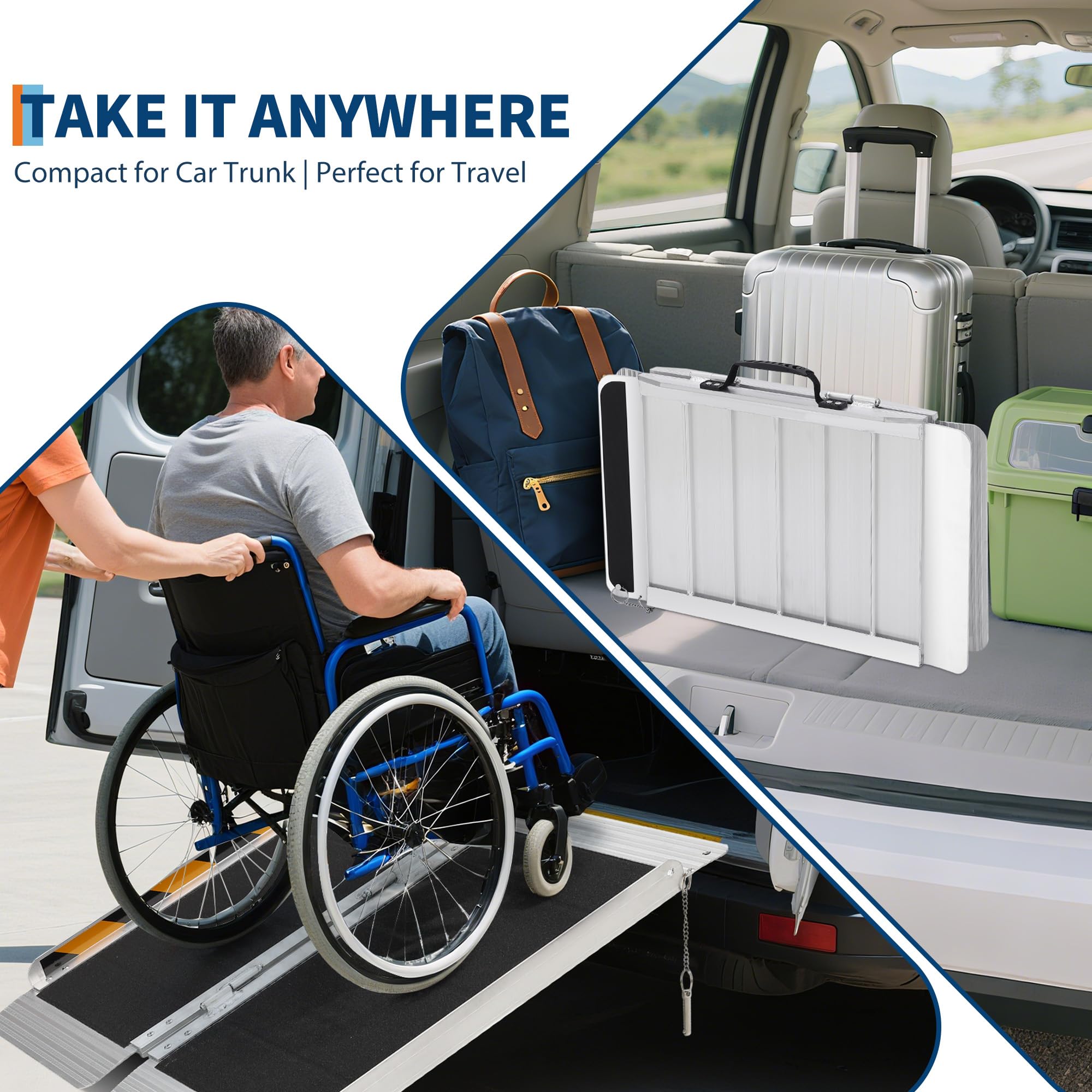 Rampa Plegable Portátil De Aluminio Para Silla De Ruedas: Superficie Antideslizante, Capacidad De 270 a 360 Kg, Ligera, Ideal Para Escalones, Puertas, Escaleras y Scooters. Diseño Con Cerradura De Seg