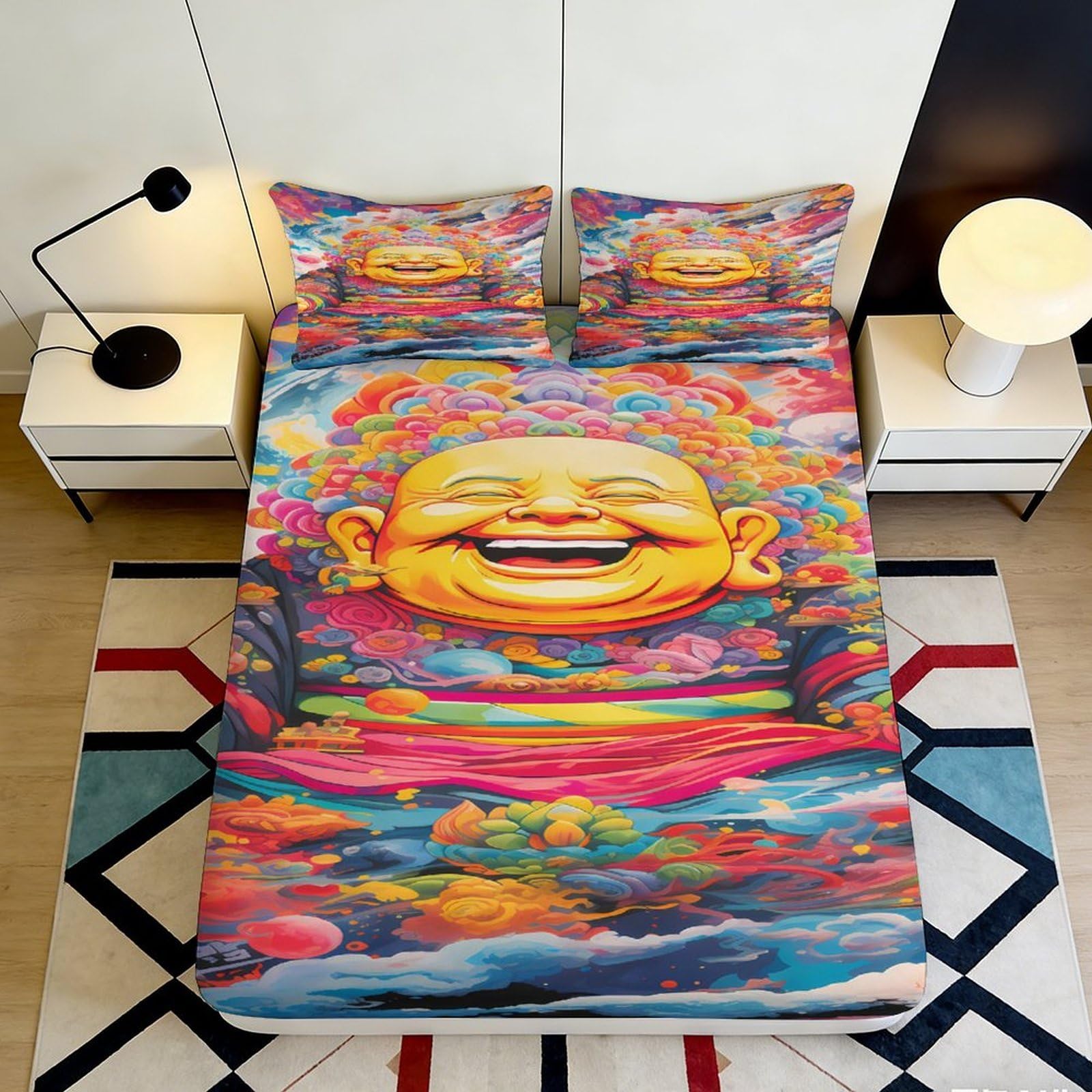 3D Printed Laughing Buddha Art Fitted Sheet Microfiber Colorful Mandala Mattress Cover for Bedroom Dorm Decor 115 200x200x25cm