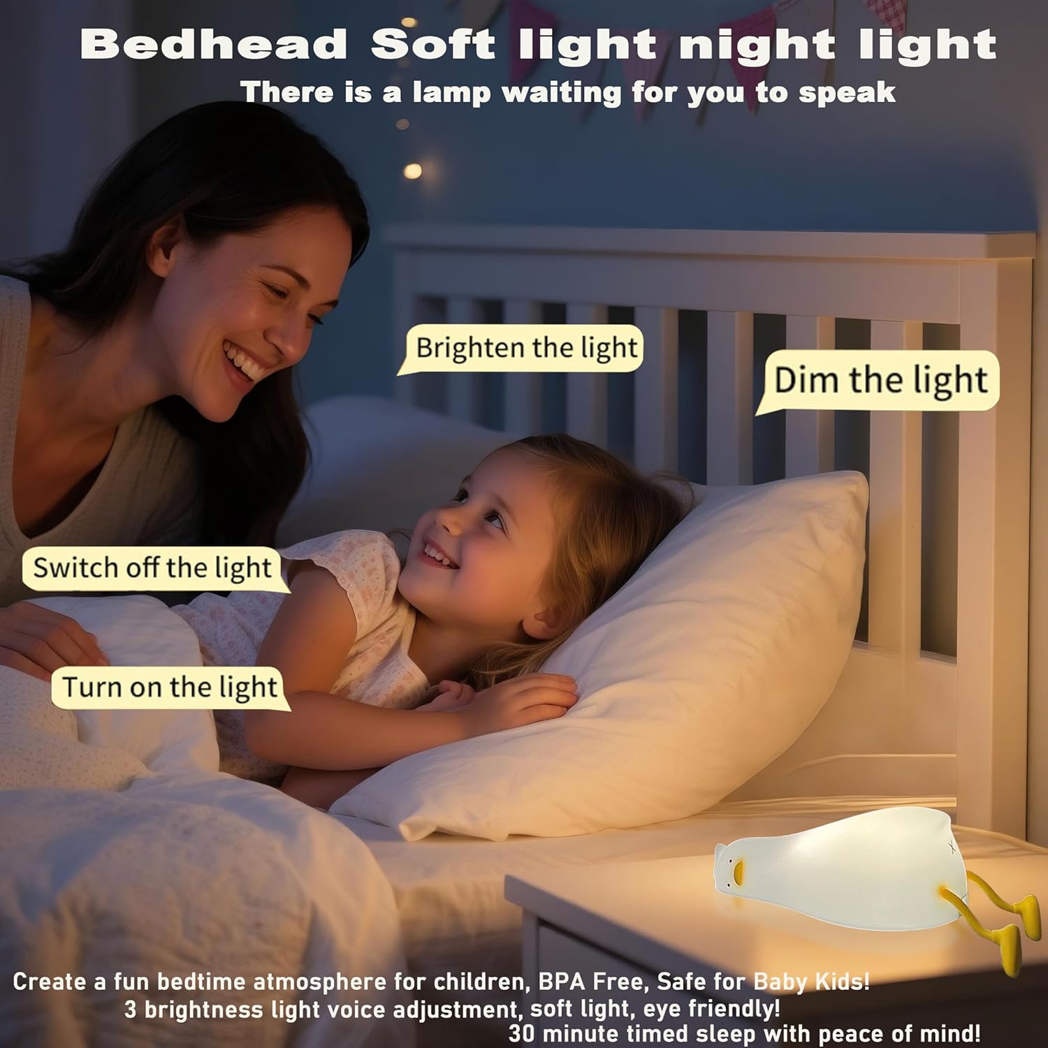 HAPPYBAG Cute Lying Flat Duck Night Light,Voice Control Fun Duck Lamp,LED Squishy Duck Light Soft Silicone Dimmable Nursery Nightlight Rechargeable Bedside Touch Lamp Baby Kids Room Decor - Image 4