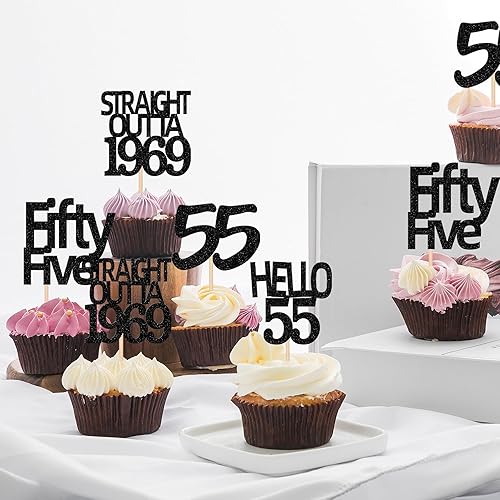 Miniatura 5 de 24 piezas de adornos negros para cupcakes de cumpleaños 55 con purpurina Fifty Five Hello 55 Straight Outta 1969 para magdalenas para saludos a 55
