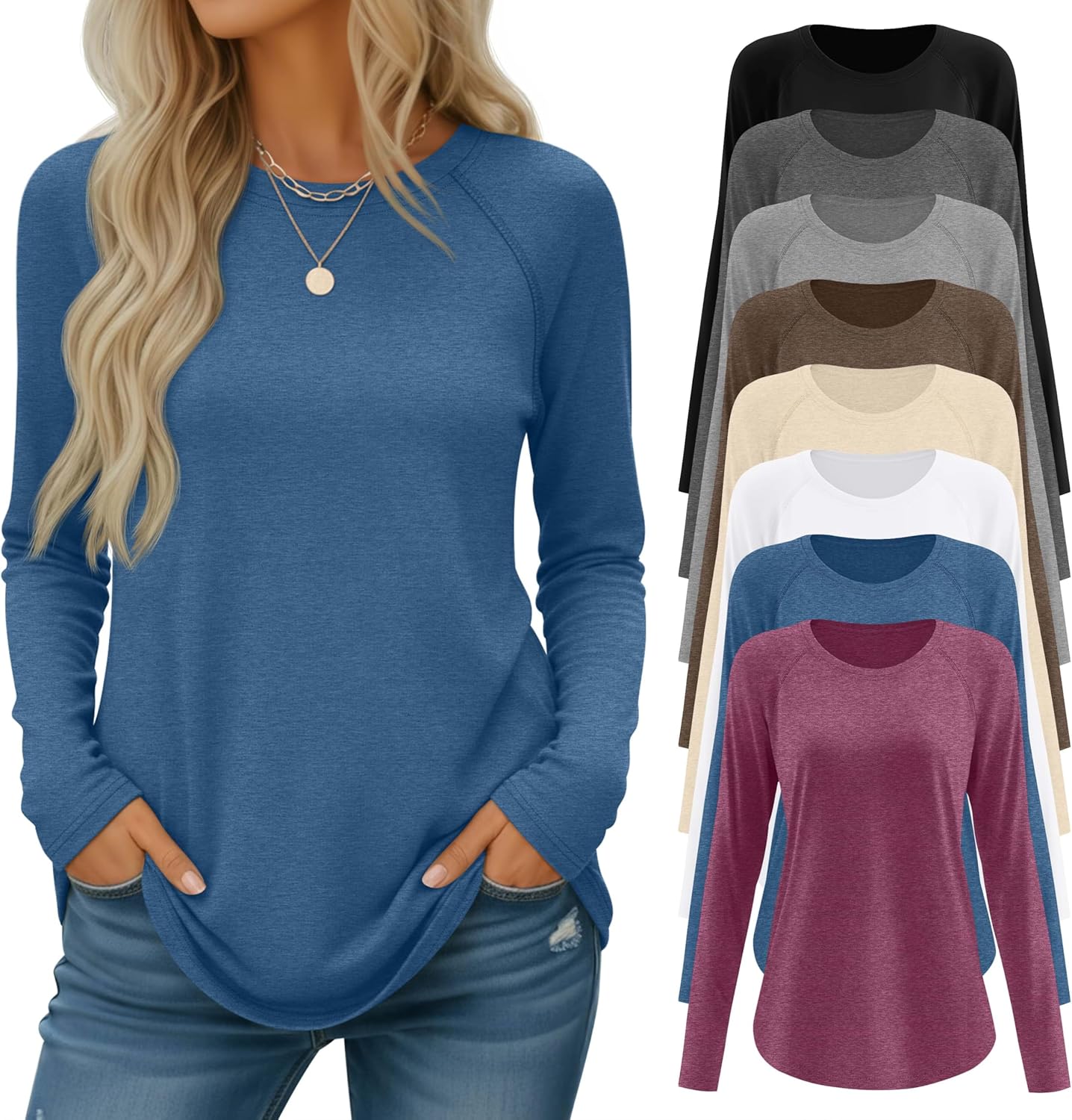 8 Pack Women's Long Sleeve Shirts, Raglan Crew Neck Tops Tunic Loose Fit Casual Basic Tee Shirt