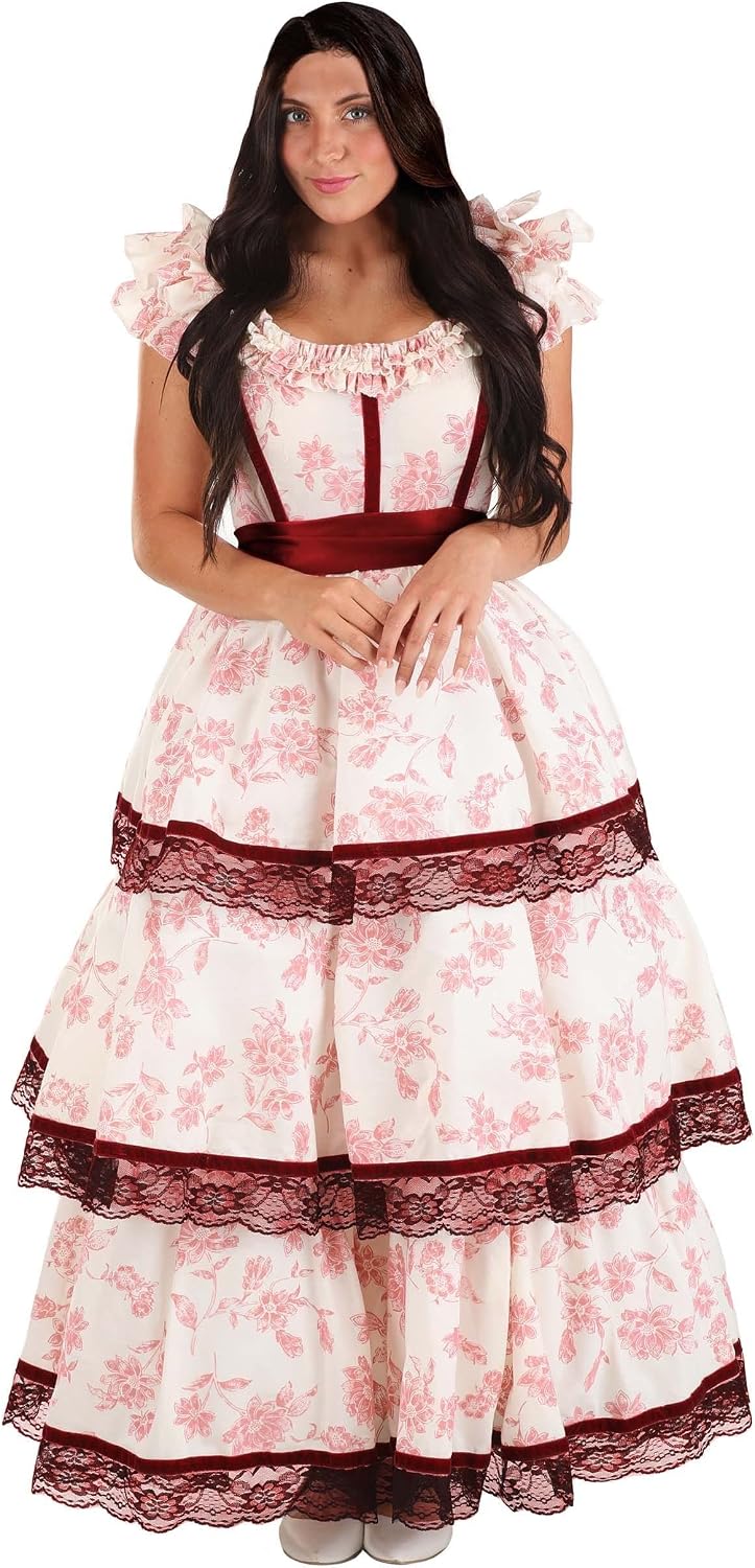 Southern Belle Costume for Women with Floral Print Muslin Dress and Taffeta Sash