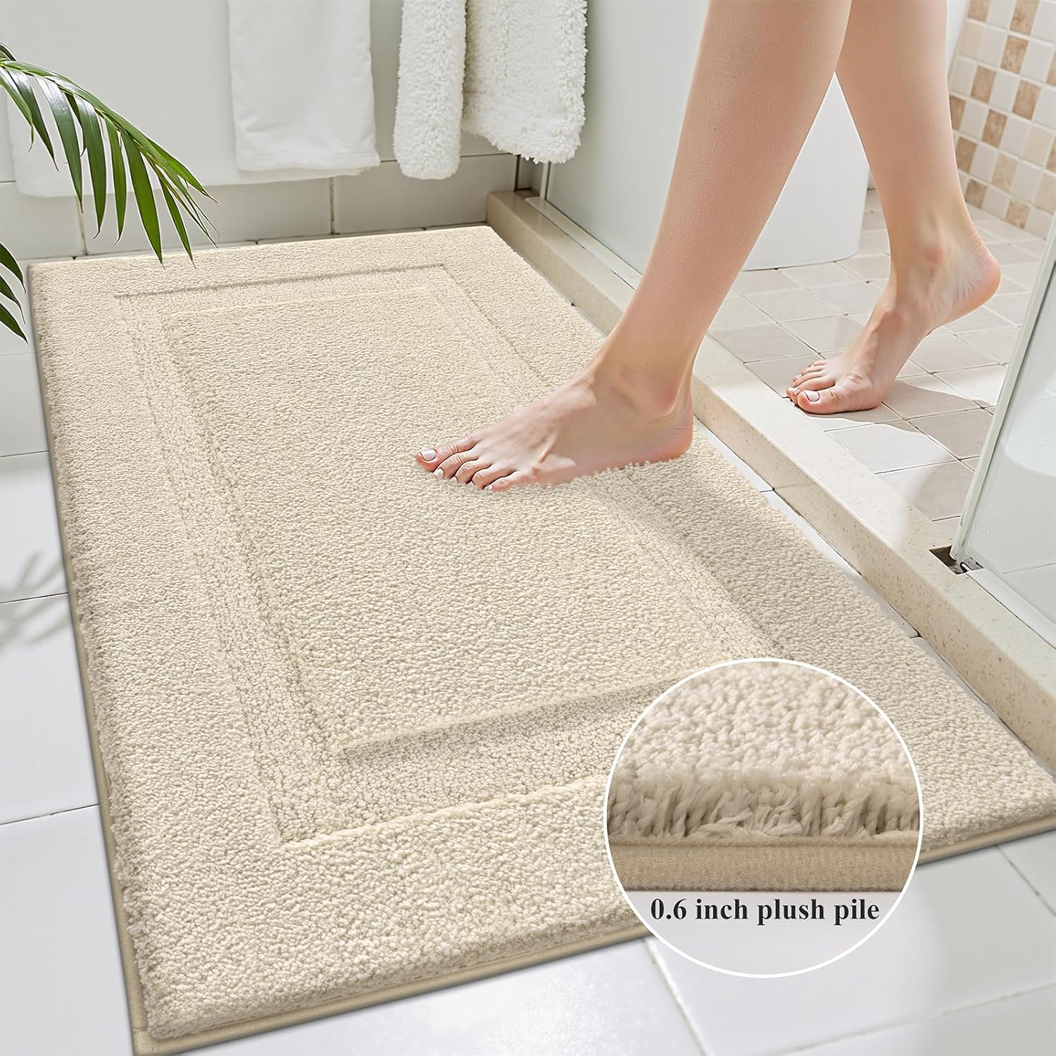 SHACOS Soft Fluffy Bathroom Rugs Set of 3 Pieces Bath Mats with U Shape Toilet Rugs Non Slip Washable Bath Rugs Absorbent Bathroom Carpet for Shower Tub Sink, Light Beige - Image 4