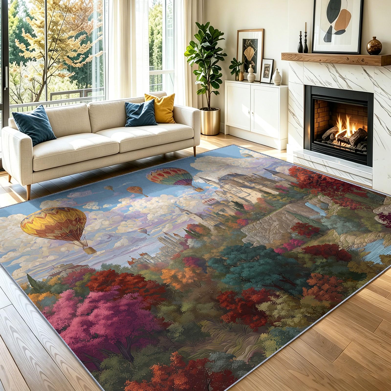 Schloss Heißluftballons Hügel Fantasie Traumhaft Teppich - Rutschfester Waschbarer Ultraweicher Niedriger Flor Flächenteppich, für Wohnzimmer Schlafzimmer Kinderzimmer - 120 x 170 cm