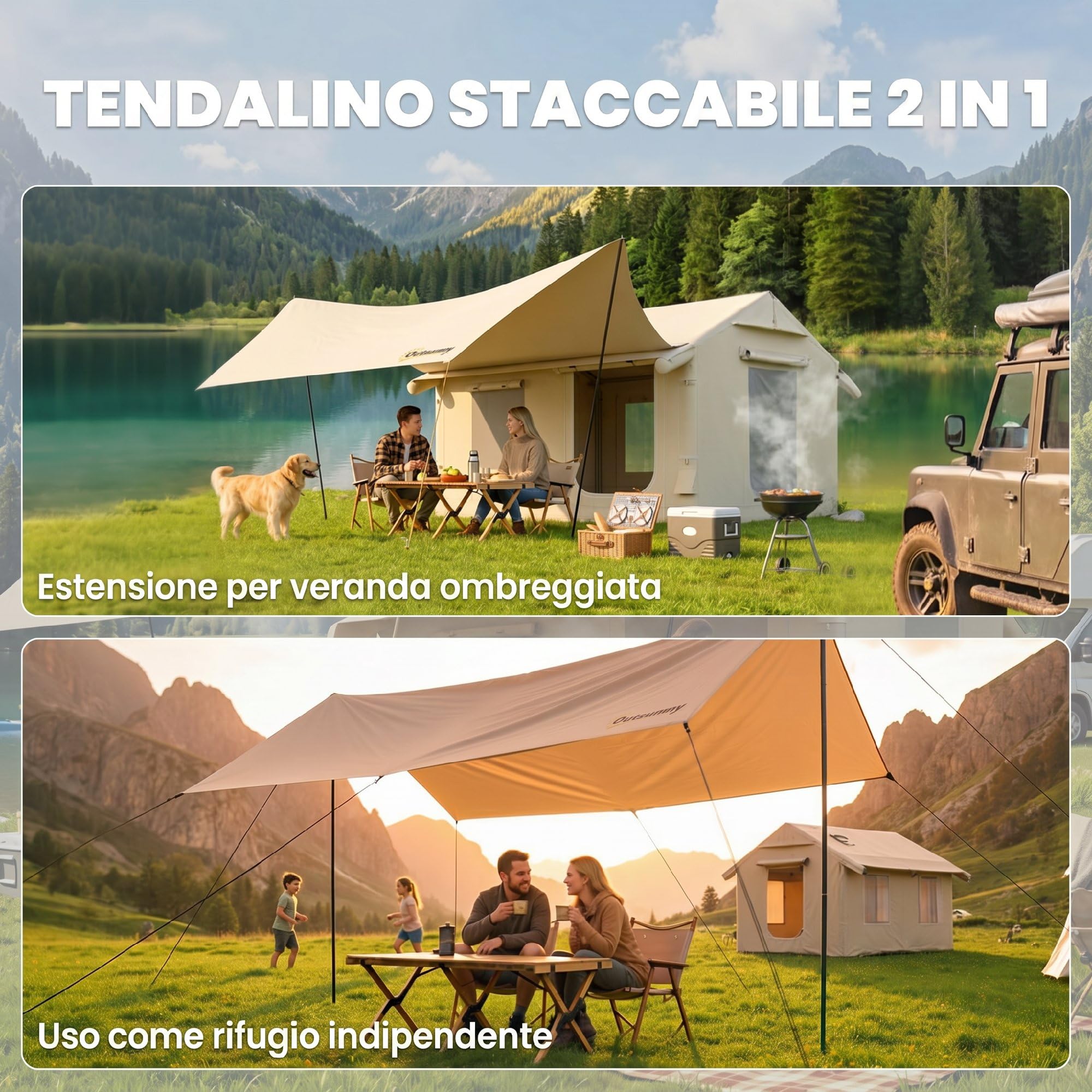 Outsunny Tenda da Campeggio Gonfiabile con Pompa per 6-8 Persone, Tenda Campeggio Impermeabile 3000mm Antivento, con Apertura per Stufa, Tetto Rimovibile e Pavimento Cucito, Montaggio Rapido, Cachi