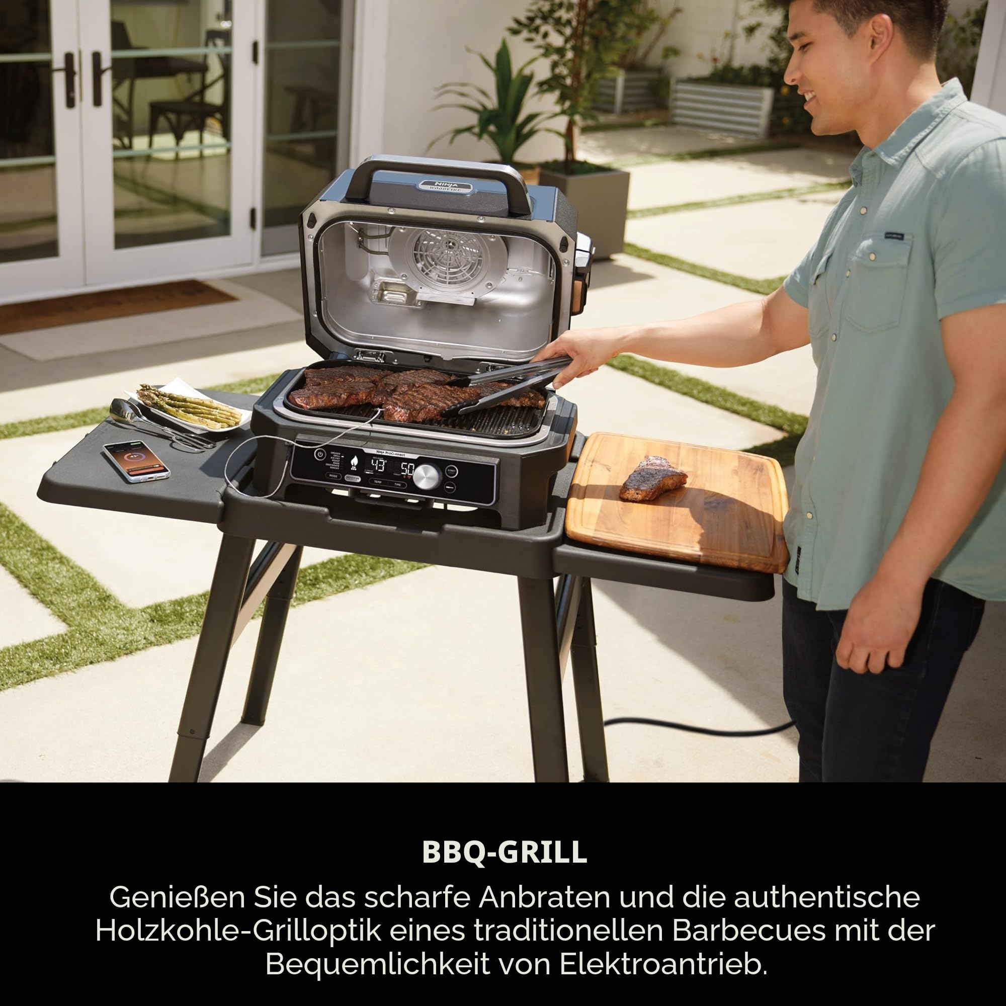 Ninja Woodfire Pro Connect XL Elektrischer Grill und Smoker mit App-Steuerung, digitaler Sonde, großer 7-in-1 Outdoor Grill und Luftfritteuse mit Woodfire Pellets