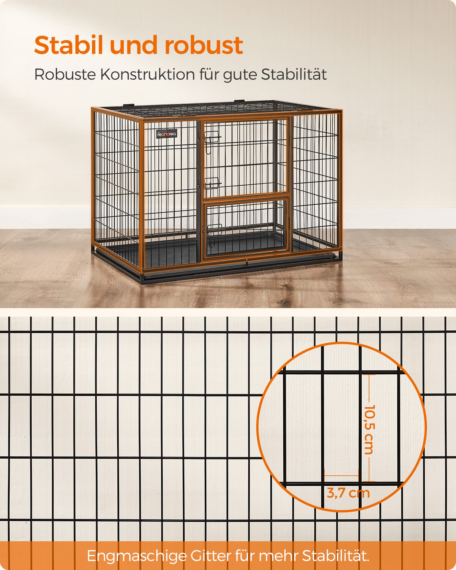 Feandrea Haustierkäfig hochbelastbar, Gitterbox, transportabel, 107 x 70 x 75 cm,für mittelgroße, große Tiere, sicher, 2 abnehmbare Türen, XL, tintenschwarz PPD001B01