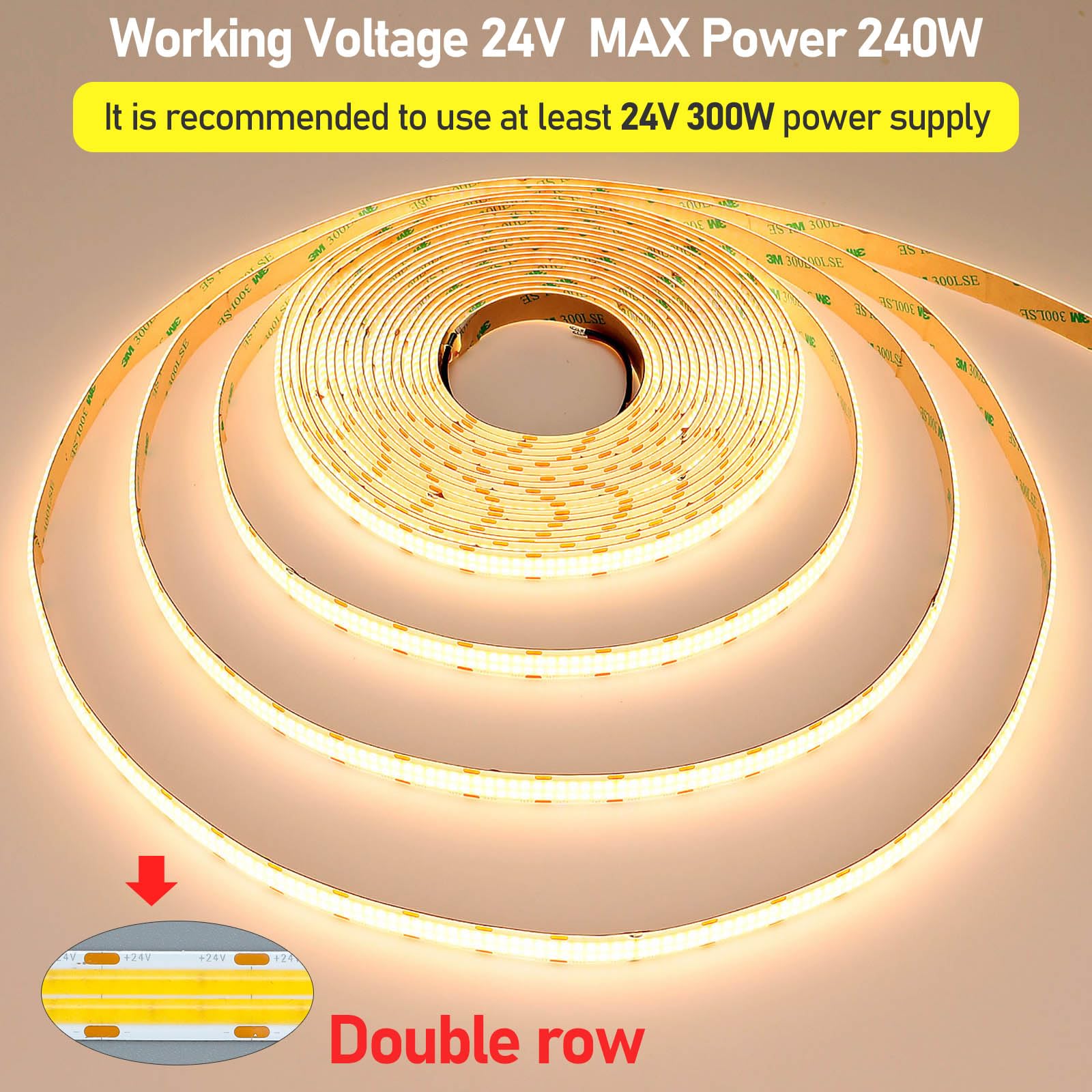 GOMING Doble Fila Tira LED COB 24V 10M Blanco Natural 4000K IP65 Impermeable CRI 93+ Brillo Alto 20000lm Alta Densidad 600LED/M Luces LED para Sala de Estar Dormitorio y Más(Sin Alimentación)