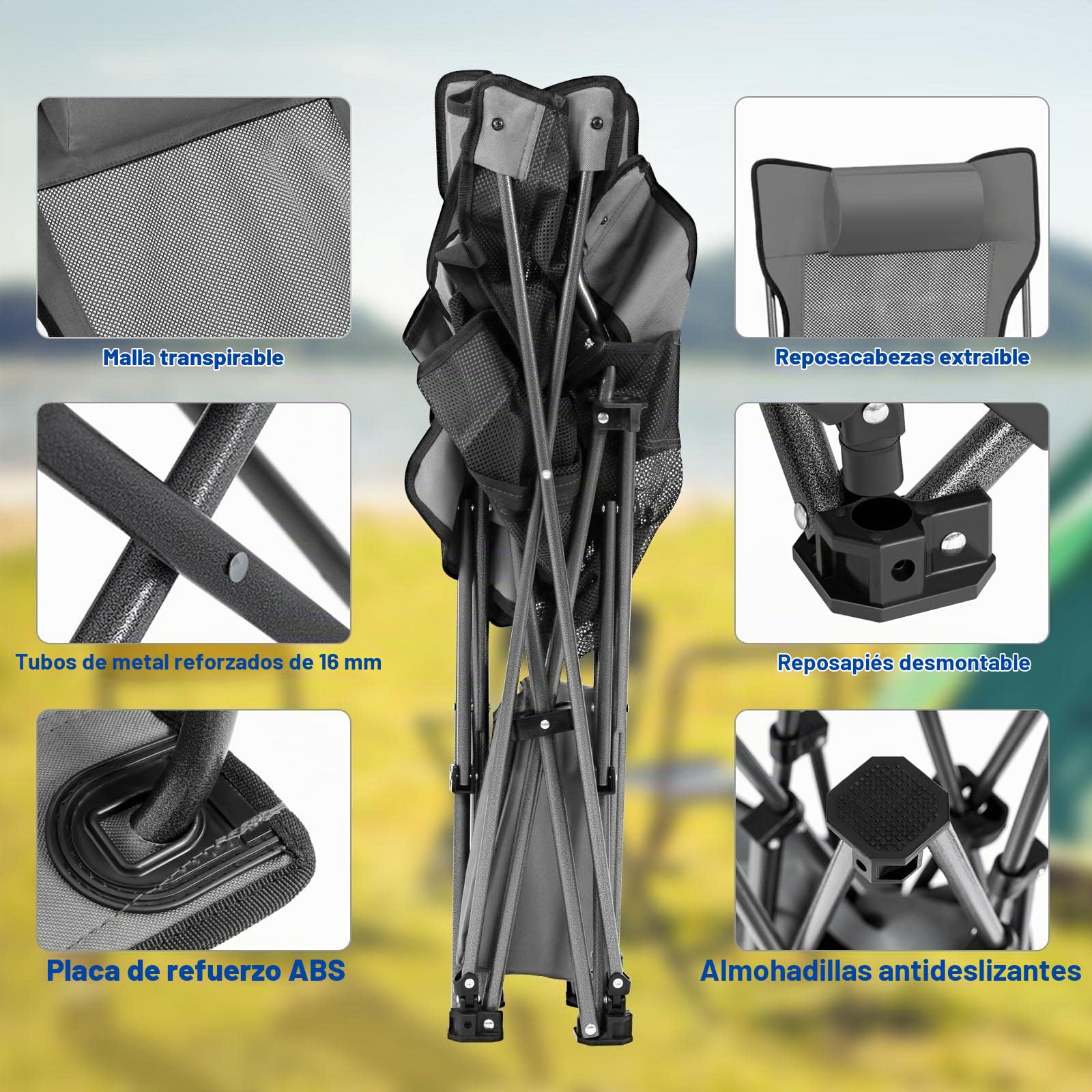 eSituro Silla de Camping Plegable Portátil con Respaldo Ajustable y Reposabrazos, para Pesca, Senderismo y Acampada (2, Gris)
