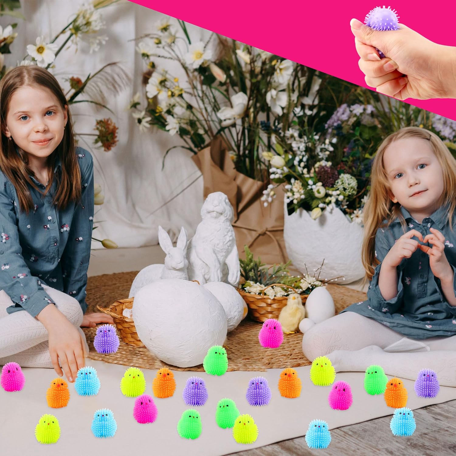 12 Pack 2.8 inch Puffers Chicken Light up Rubber Chick Puffers Glow Chicken Balls for Filling Easter Eggs Easter Party Favors Egg Hunt Supplies