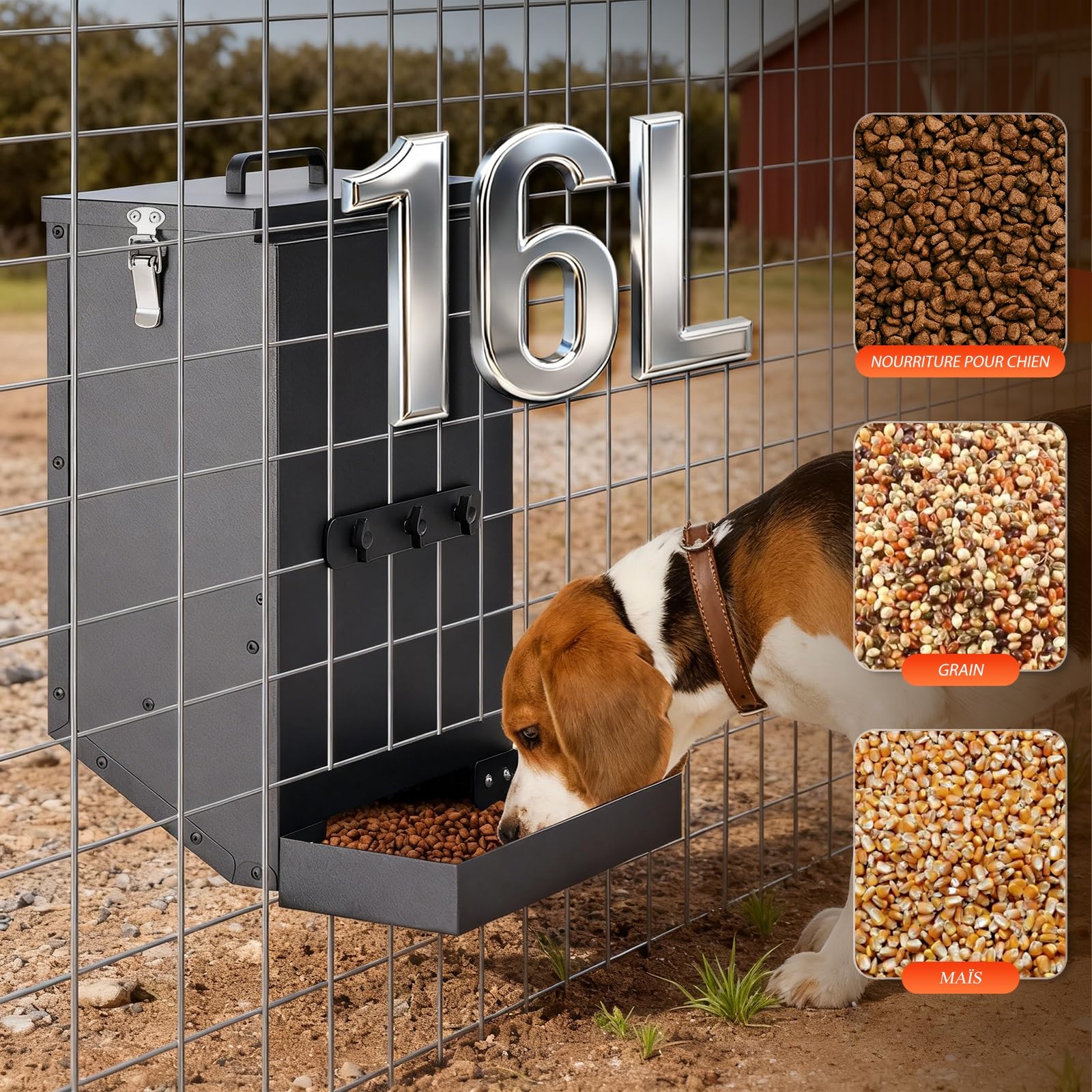 Distributeur Automatique de Nourriture pour Chien en Acier Galvanisé à Suspendre Distributeur de Nourriture pour Animal de Compagnie à Gravité Automatique Extérieur Grande Capacité de 16 L