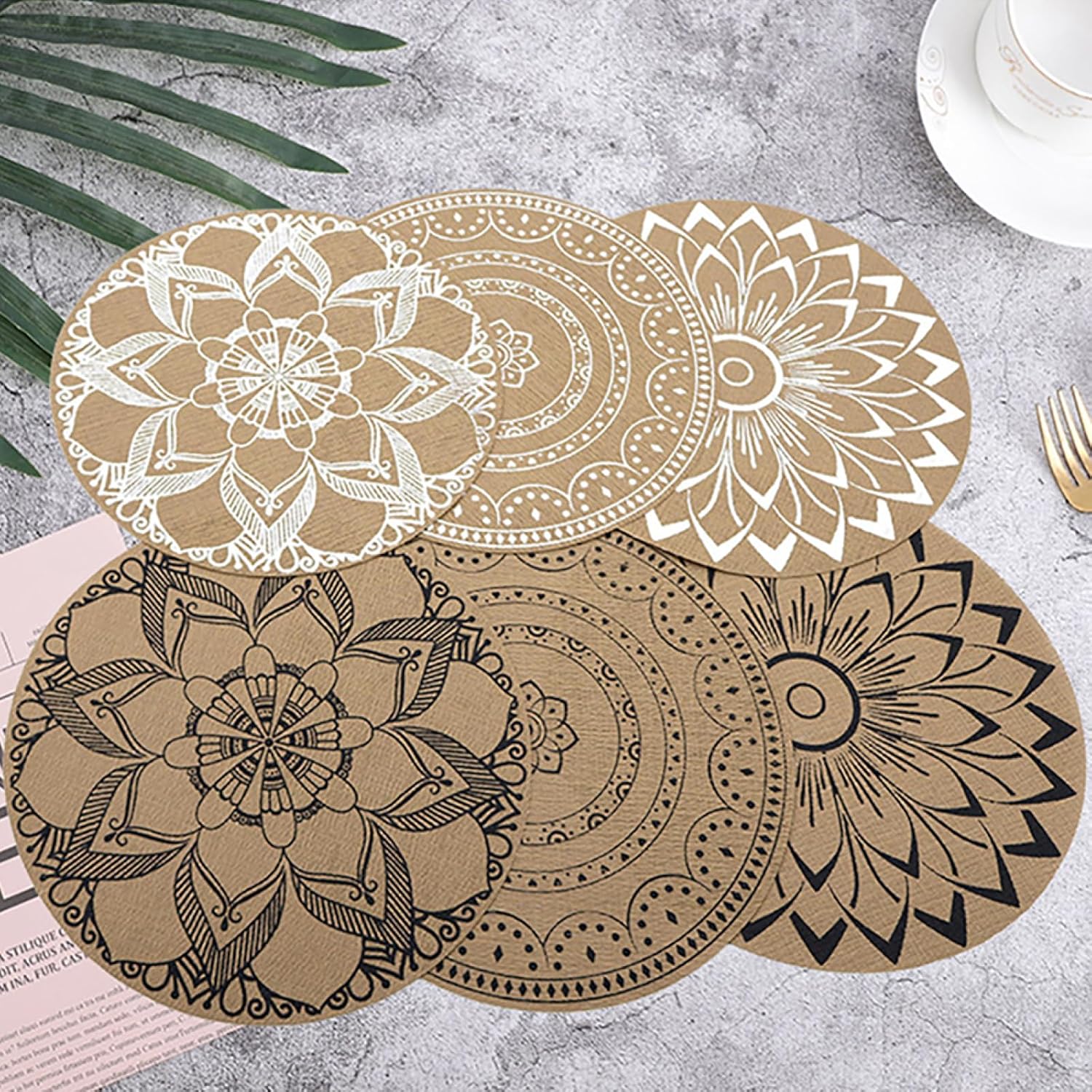 Bohemian Rustic Printed Placemats|Creative Trendy Coffee Tea Mat|PVC Washable Table Mat Suitable for Kitchen Holiday Dinner Decor,D-38cm(14.9"),4PCS