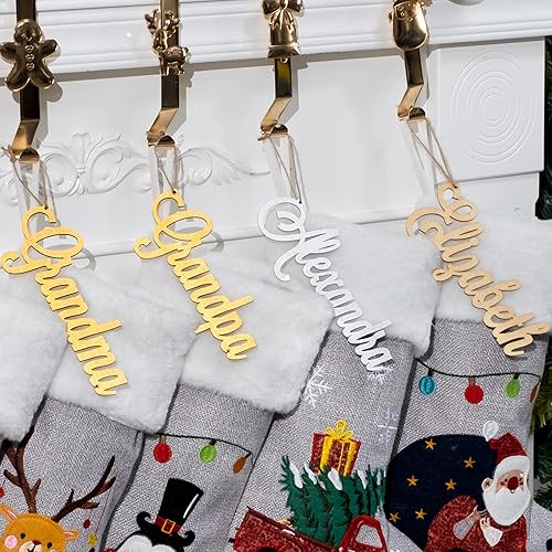 Etiquetas de madera personalizadas con nombre para medias de Navidad, letras recortadas modernas, rústicas, de campo, familia, Navidad, decoración