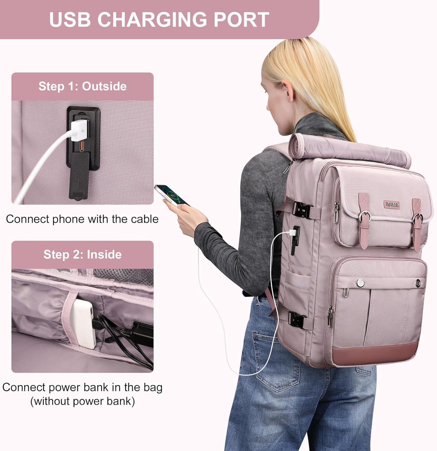 PIJUSHI Travel Backpack for Women Carry on Luggage Backpack Convertible Large Laptop Duffel Bag for Airplanes(PE049 Ashen Purple)