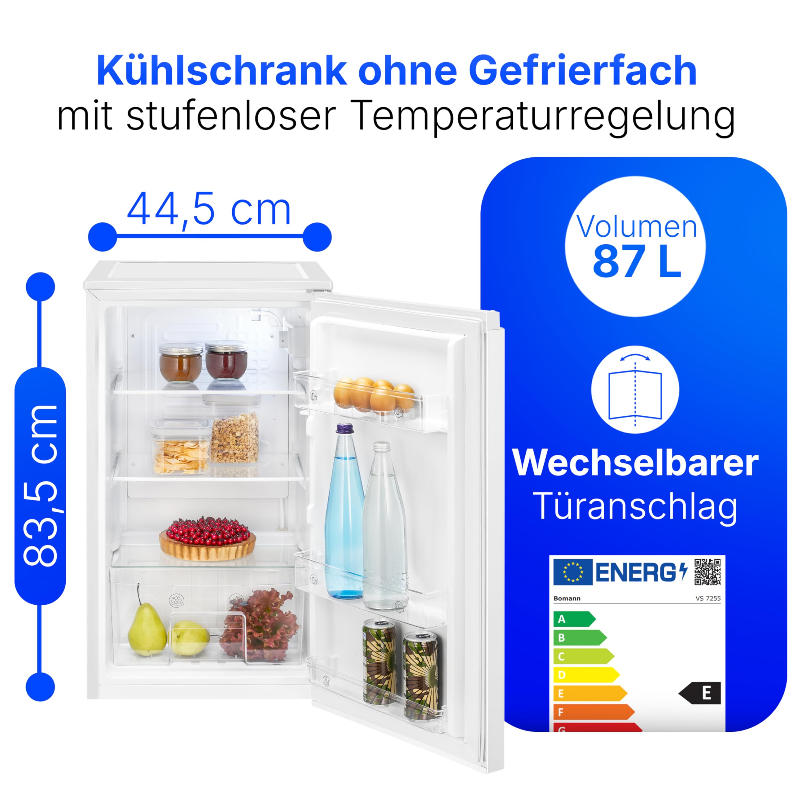 Bomann® Kühlschrank ohne Gefrierfach | 87L | energieeffizient, leise & kompakt | 0°C - 8°C, stufenlos regelbar | 3 Ablagen & Gemüsefach | Türanschlag wechselbar | Standardkühlschrank | VS 7255 weiß