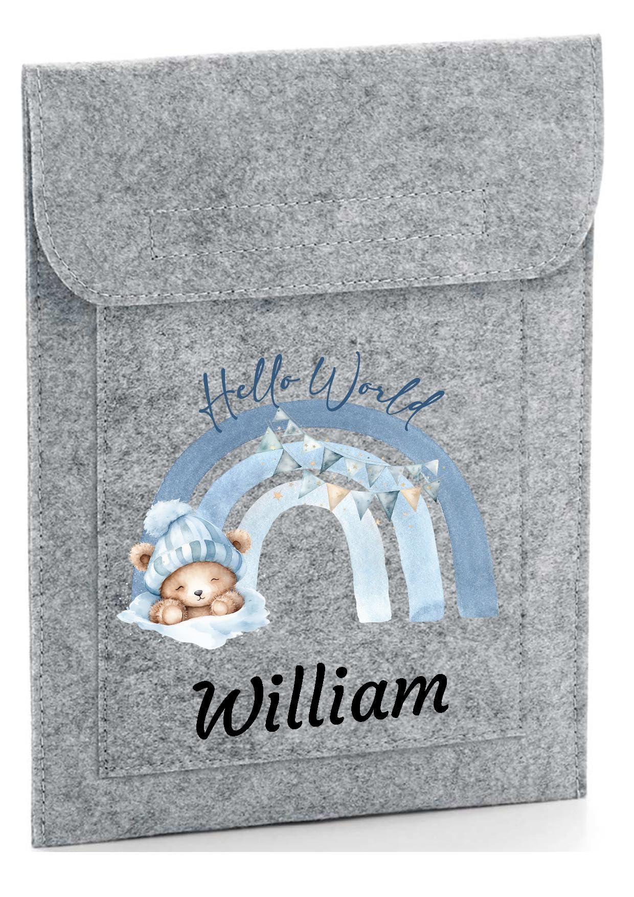 Personalised Baby Health Record Cover, Grey Felt with Blue Rainbow and Teddy Design, NHS Red Book Holder