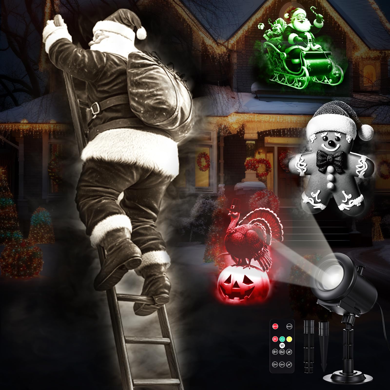 Weewooday Proiettore Luci 3D Halloween e Natale con 12 Diapositive HD, 4 Colori, Telecomando e Timer, Decorazione per Giardino, Festa, Finestre, Interni ed Esterni