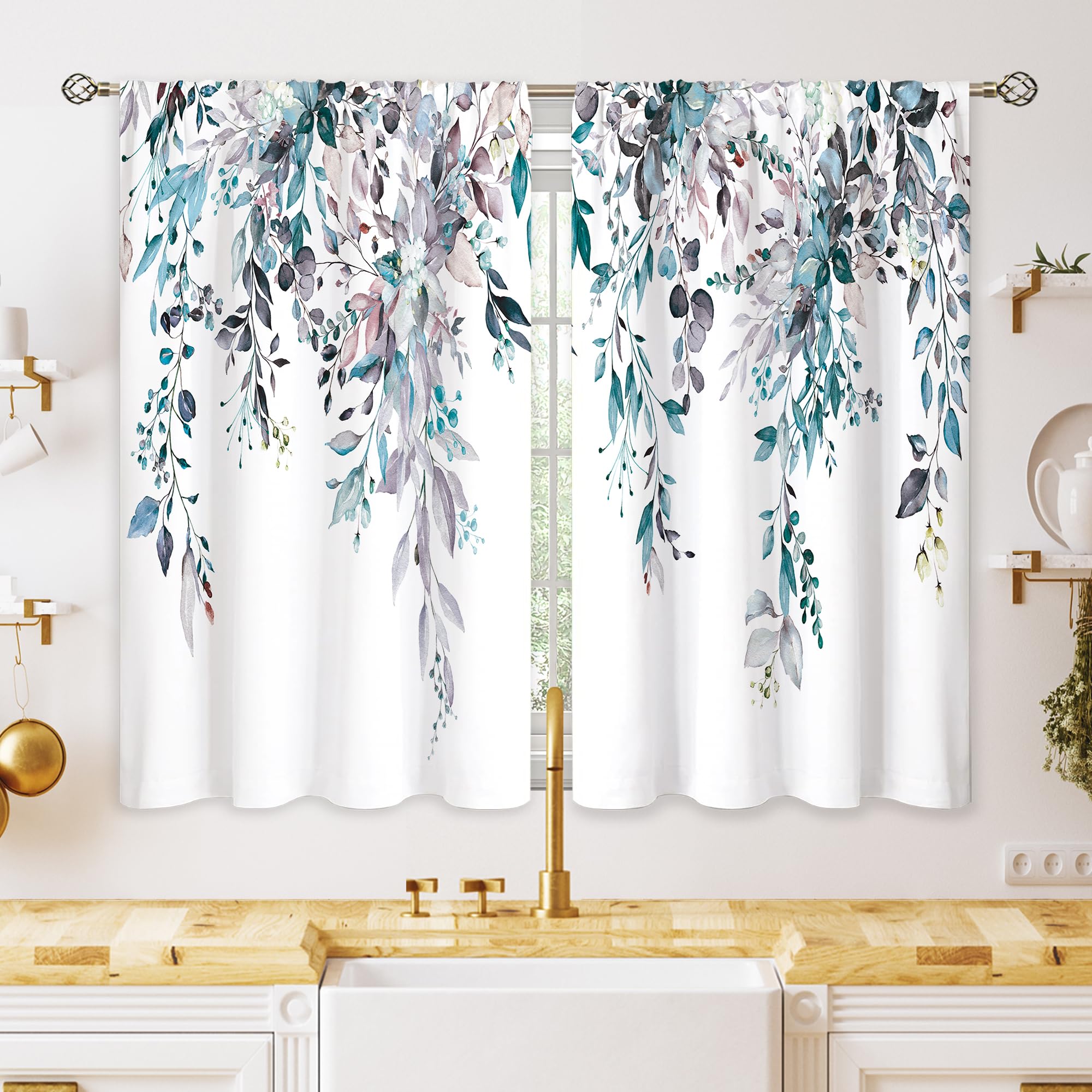 oolygoo Blue Grey Eucalyptus Botanical Leaves Floral Kitchen Window Curtains Over Sink Farmhouse Flower Leaf Small Window Treatment Cafe Short