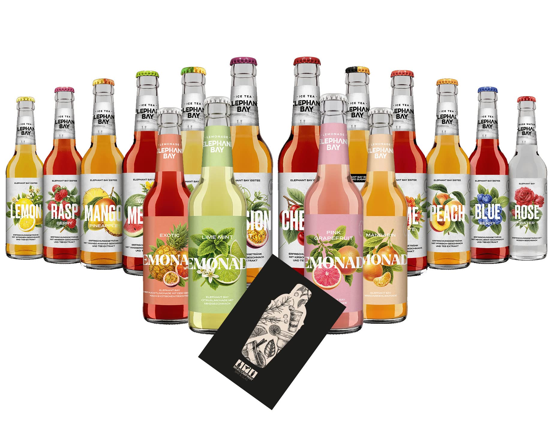 Mixcompany.de Bar & Glas Elephant Bay Ice Tea Lemonade tasting Set 16 verschiedene Sorten je 330ml inkl. Pfand - MEHRWEG 12x Eistee + 4x Lemonade