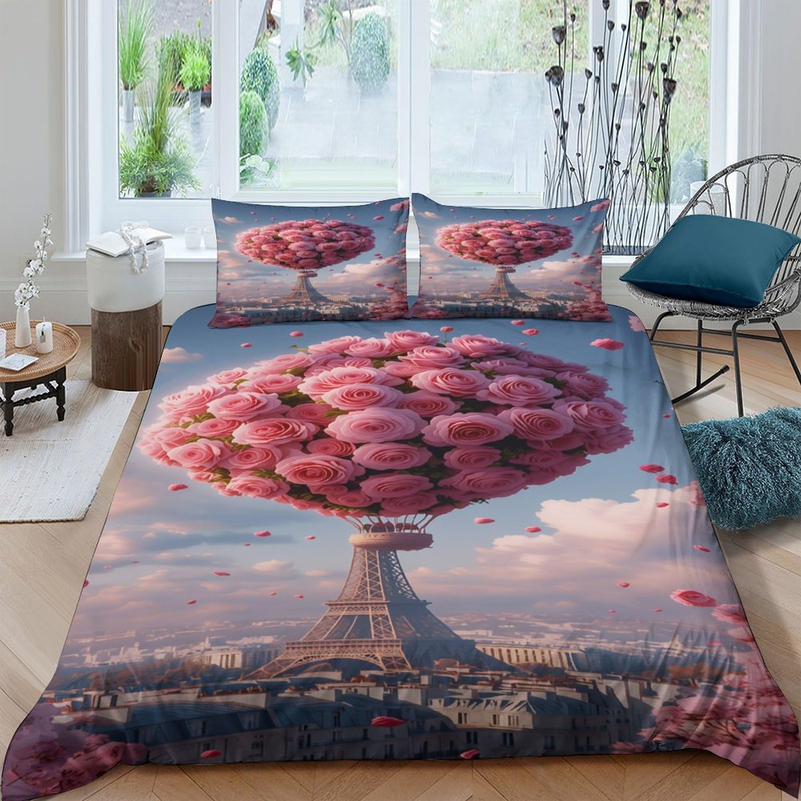 Ctjqhvkz Style-10 3D Printed Sakura Eiffel Tower Fitted Sheet Microfiber Soft Anti-Slip Paris Landscape Mattress Cover Bedroom Decor Single（135X200cm）