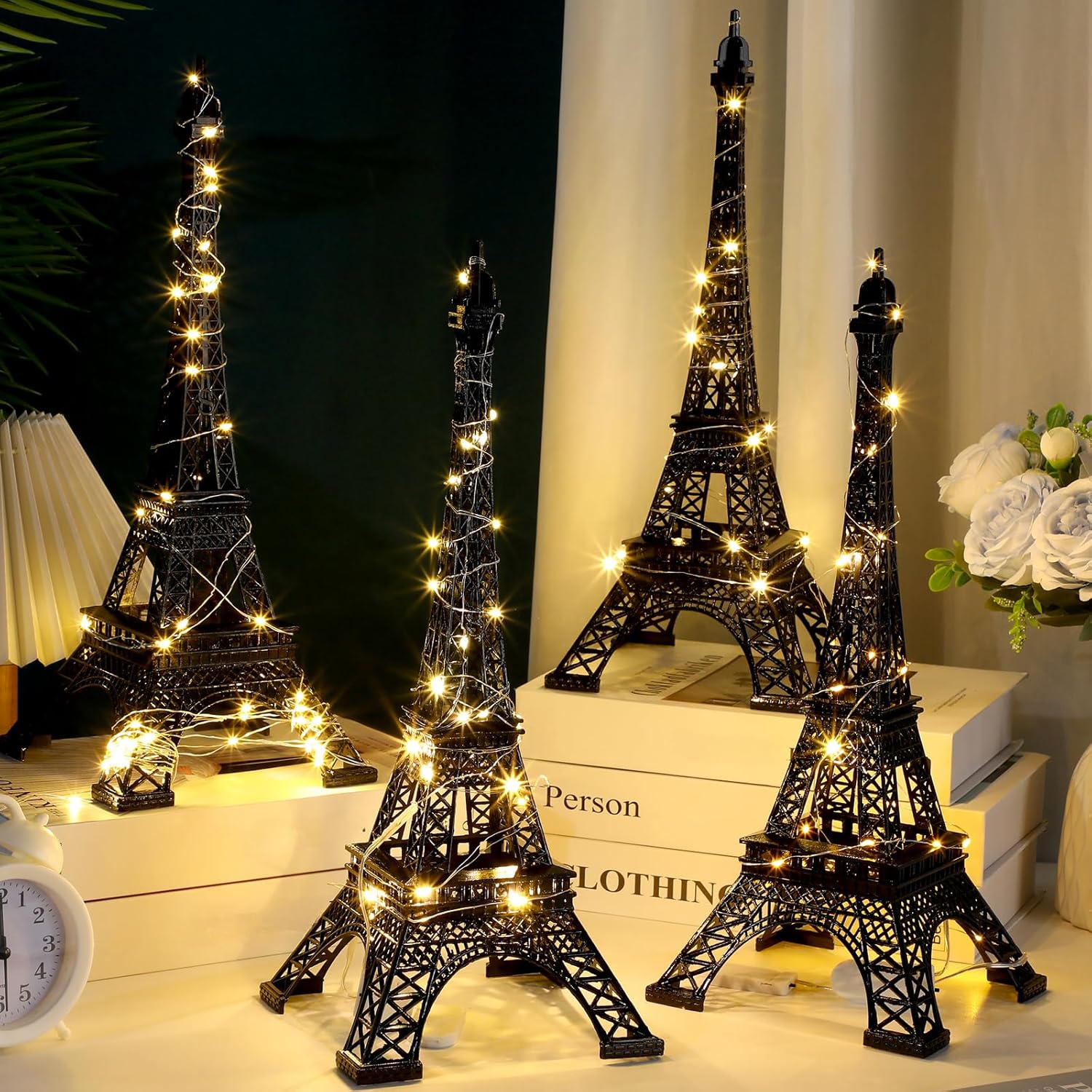 4 Pcs Eiffel Tower Statue Decor 15 Inch 10 Inch Metal Collectible Figurine Paris Themed Eiffel Tower Cake Topper with 2 Light Strings for Party Table Centerpiece Kitchen Decoration (Black)