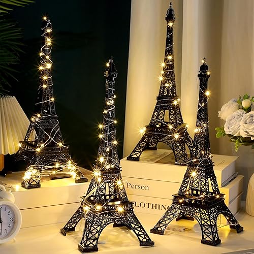 4 piezas de decoración de estatua de la Torre Eiffel de 15 pulgadas y 10 pulgadas, figuras coleccionables de metal con temática de París con 2