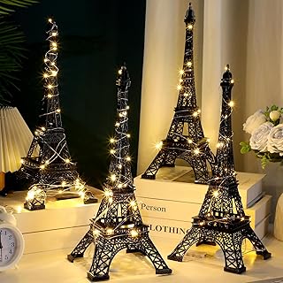 4 Pcs Eiffel Tower Statue Decor 15 Inch 10 Inch Metal Collectible Figurine Paris Themed Eiffel Tower Cake Topper with 2 Light Strings for Party Table Centerpiece Kitchen Decoration (Black)