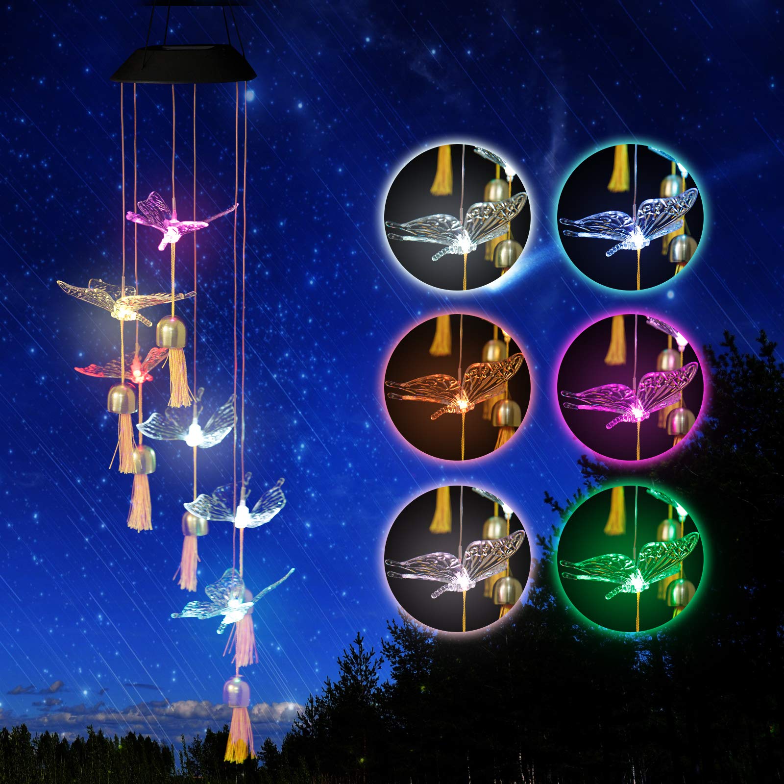 ERAVSOW Solar Wind Chime,Butterfly Wind Chimes Outdoor,Design with Bell,Waterproof Color-Changing Outdoor Decoration Colorful Hanging Light for Home Party Yard Garden Patio Porch, Unique Birthday