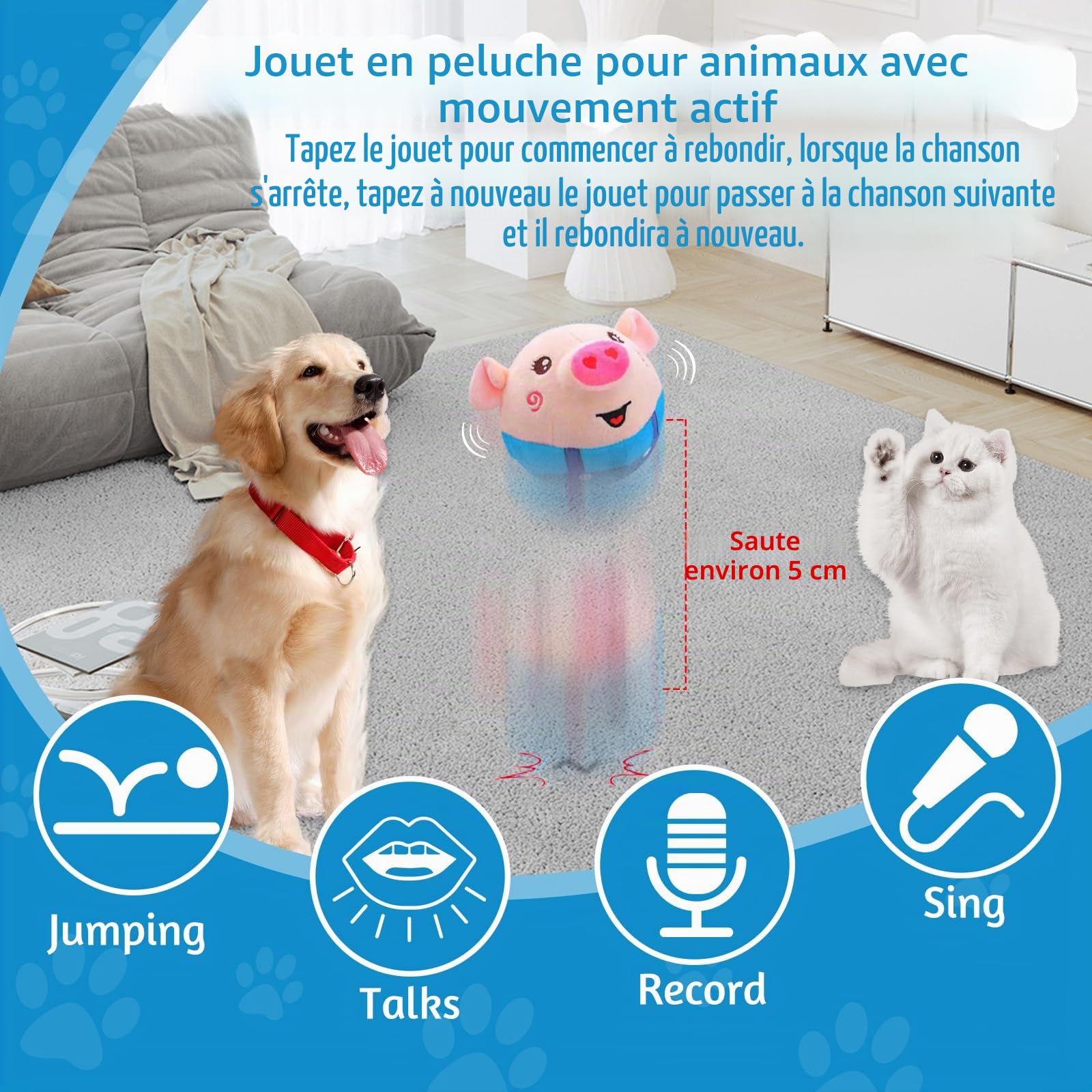 Jouet Peluche Actif et mouvant pour Chien Jouets interactifs à secouer et à rebondir Cochon Sauteur pour Chien Peluche Cochon Lavable pour Animaux de Compagnie