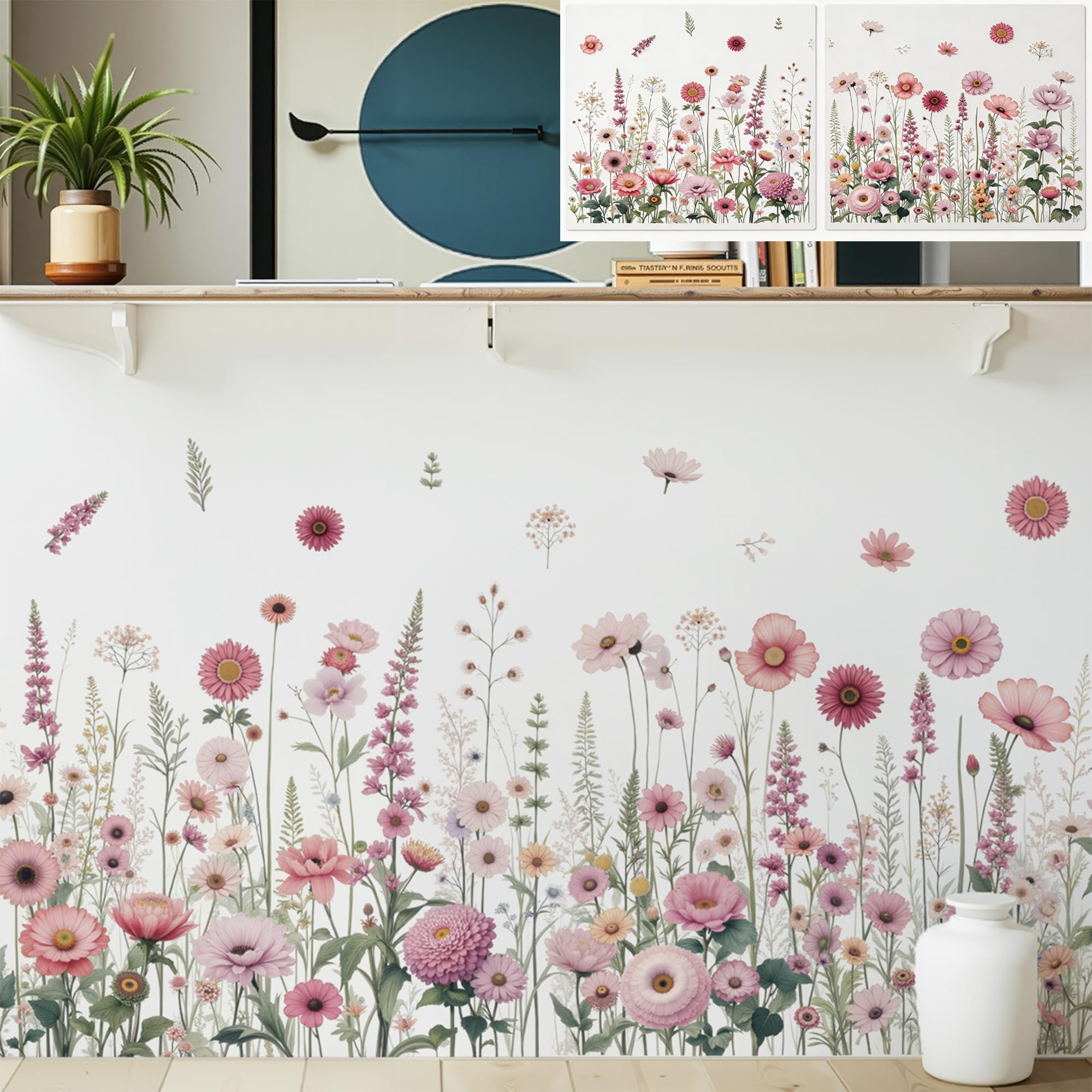 Floral Wall Stickers Removable - Large Flower Wall Decals for Living Room Bedroom - Waterproof Peel and Stick Wall Art for Home Decor - Self Adhesive Wall Murals (Wild Flowers, 2 Sheets)